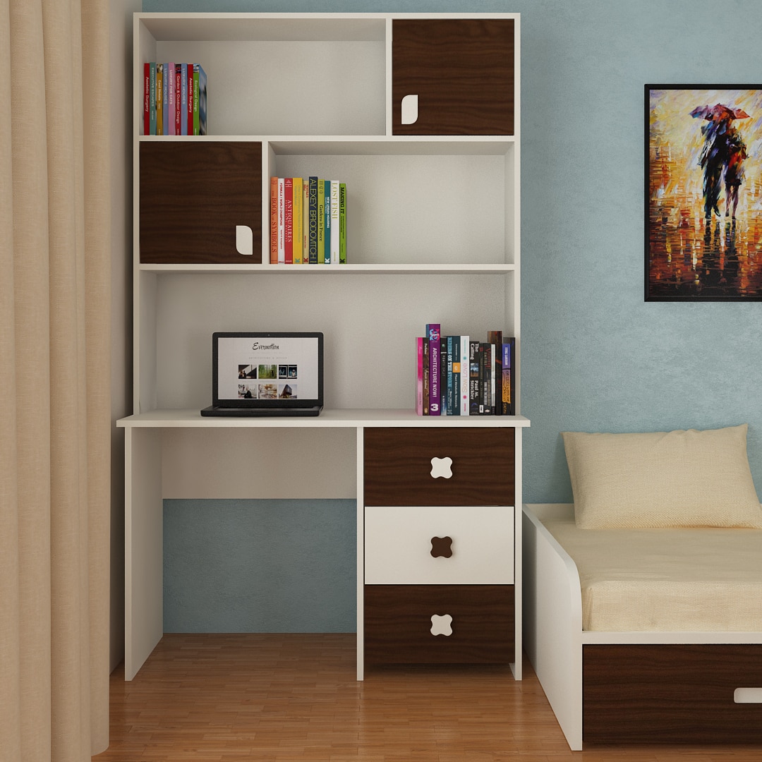 Flora Study Desk cum Bookshelf with Shuttered Cabinets Open Shelves and Drawers in Coffee Walnut Colour