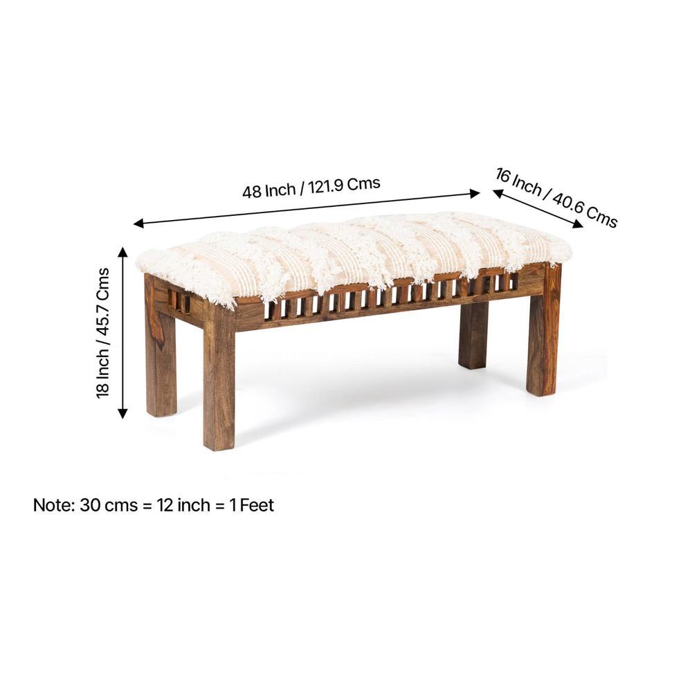 Milford Sheesham Wood Mid Century 3 Seater Bench In Beige Fabric