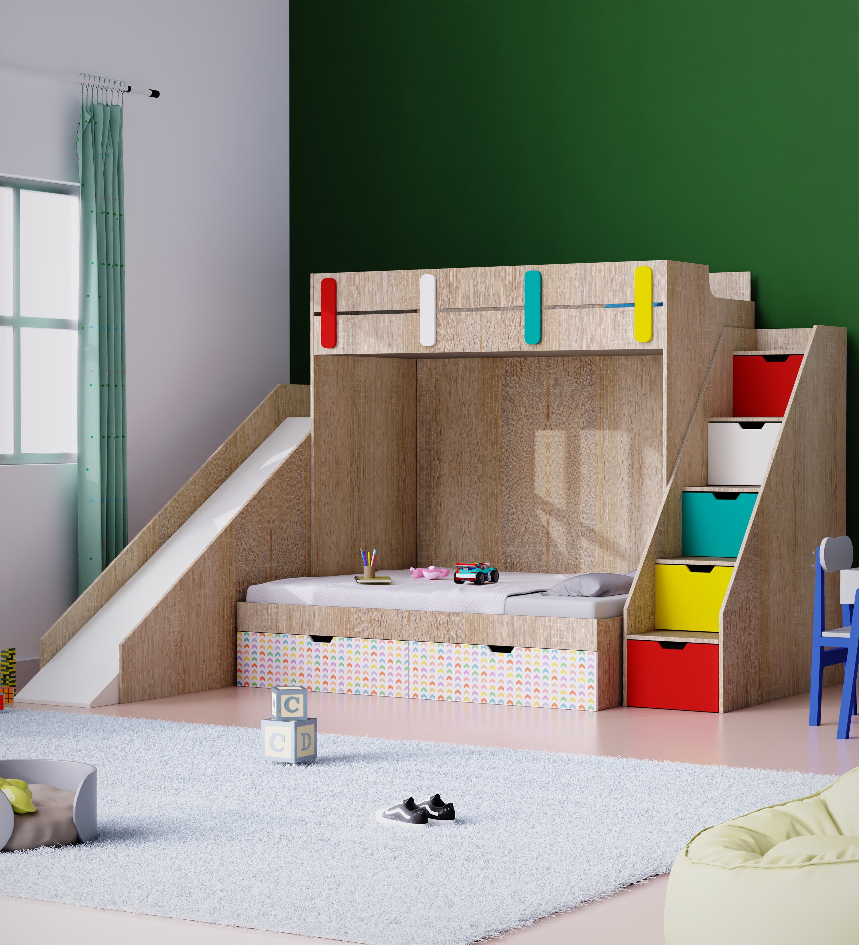 Sleep N SlideBunk Bed 6X5 Drawers On Wheels In Oak and Red Colour66