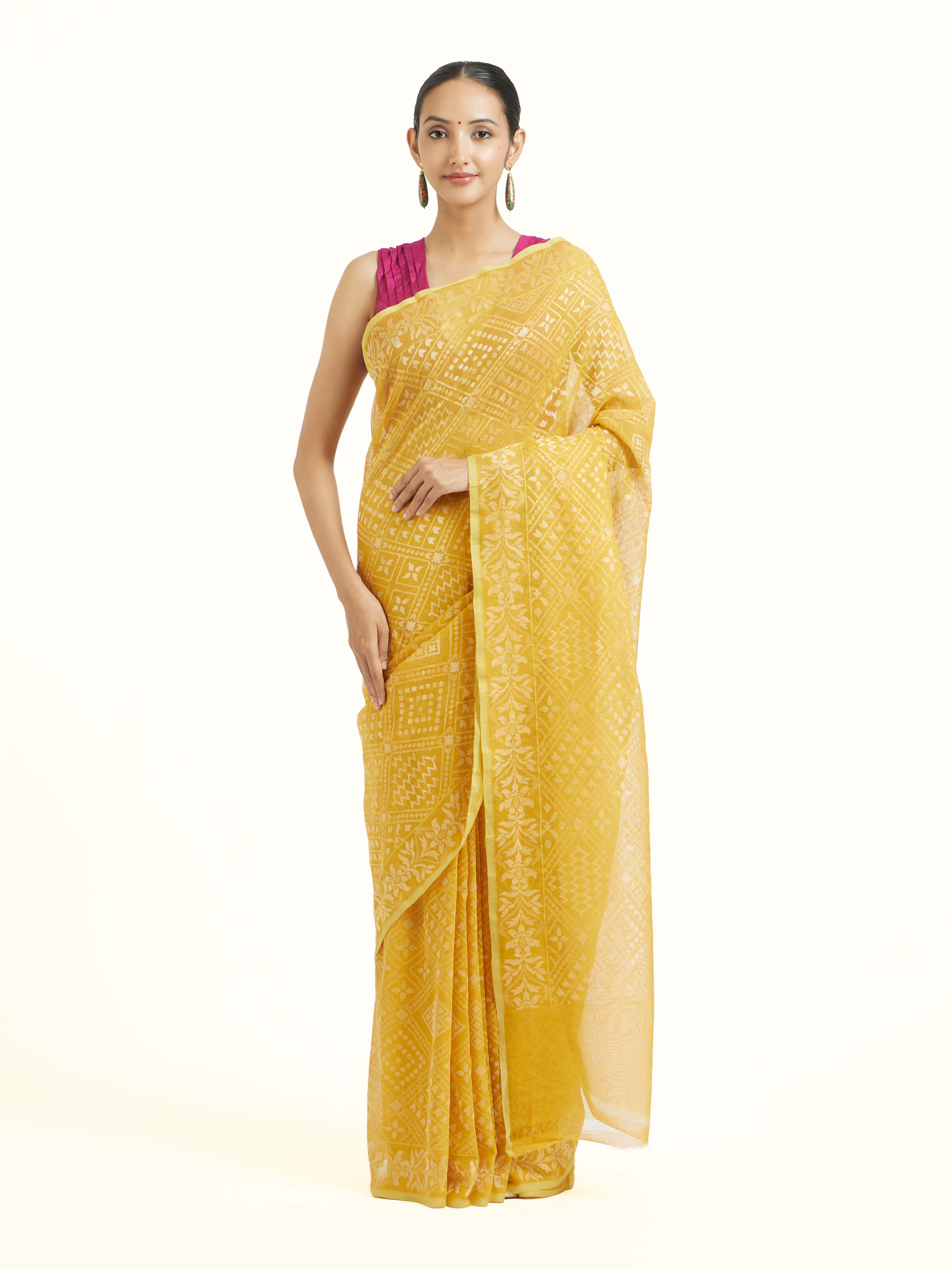 Front view of yellow cotton Awadh Jamdani Banarasi saree with fine motifs