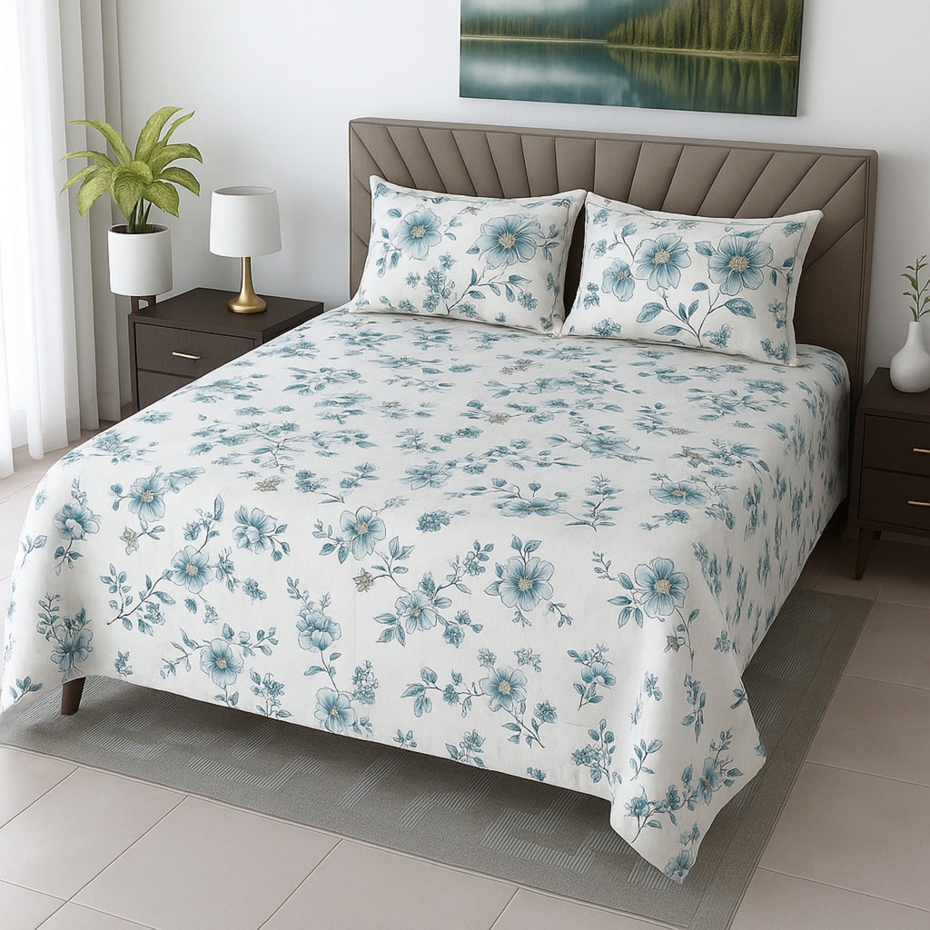 White Floral 400 TC Cotton Flat Queen Size Bedsheet With 2 Pillow Covers From Threads