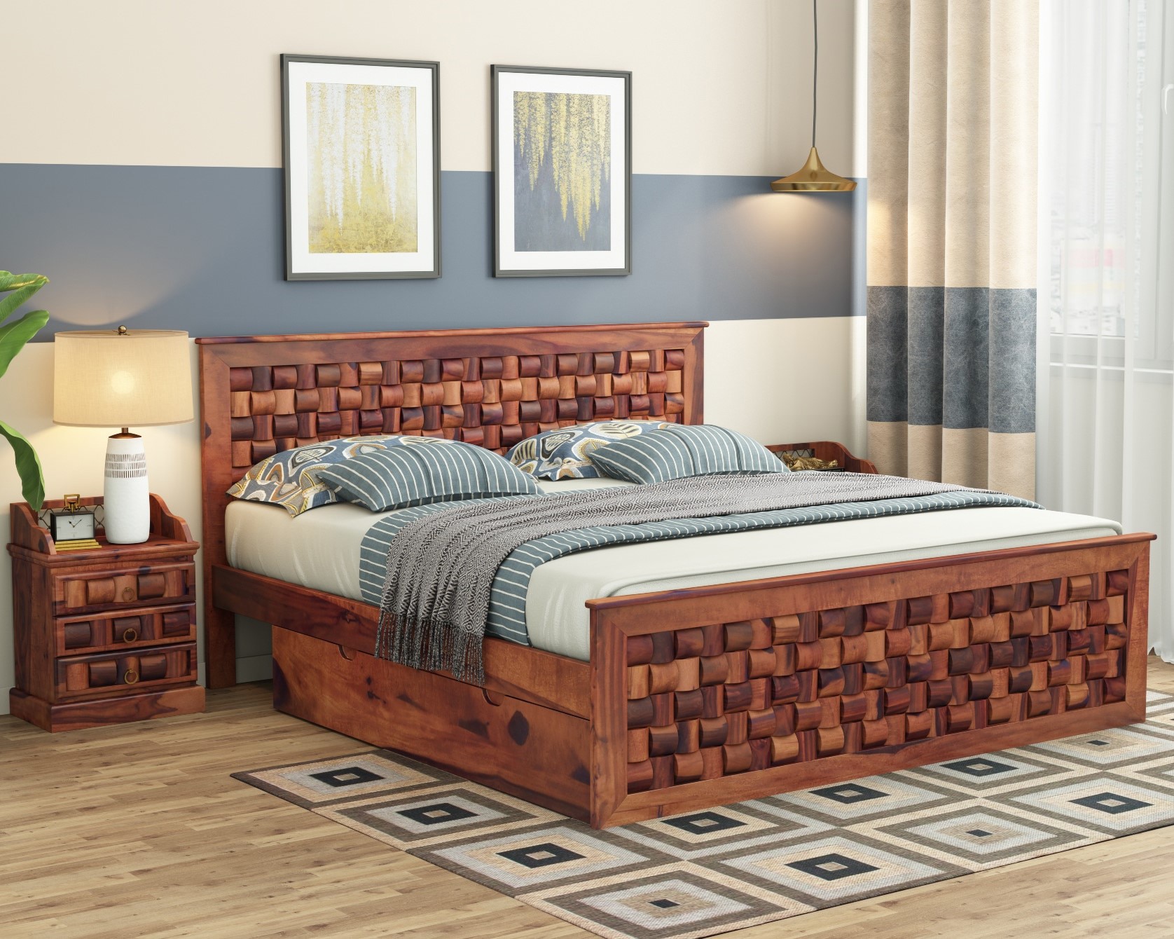 Moglis Solid Wood Queen Size Bed With Drawer Storage Bed In Teak Finish