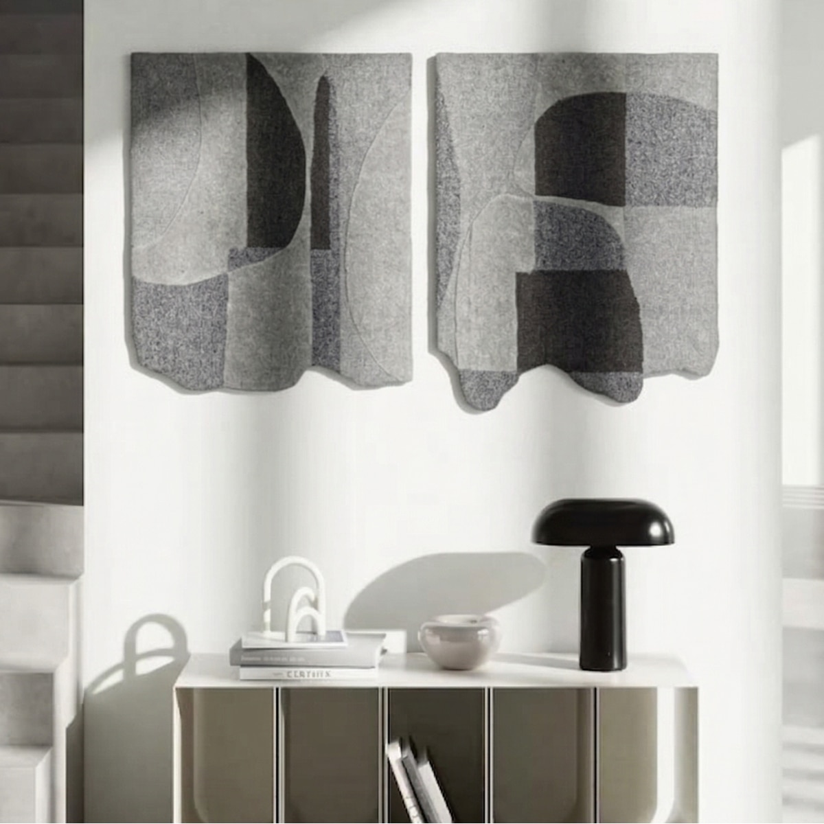 Abstract Handmade Wool Silk Wall Art Grey 2 Panel Set 4 x 2 Feet - NEU LOOMS