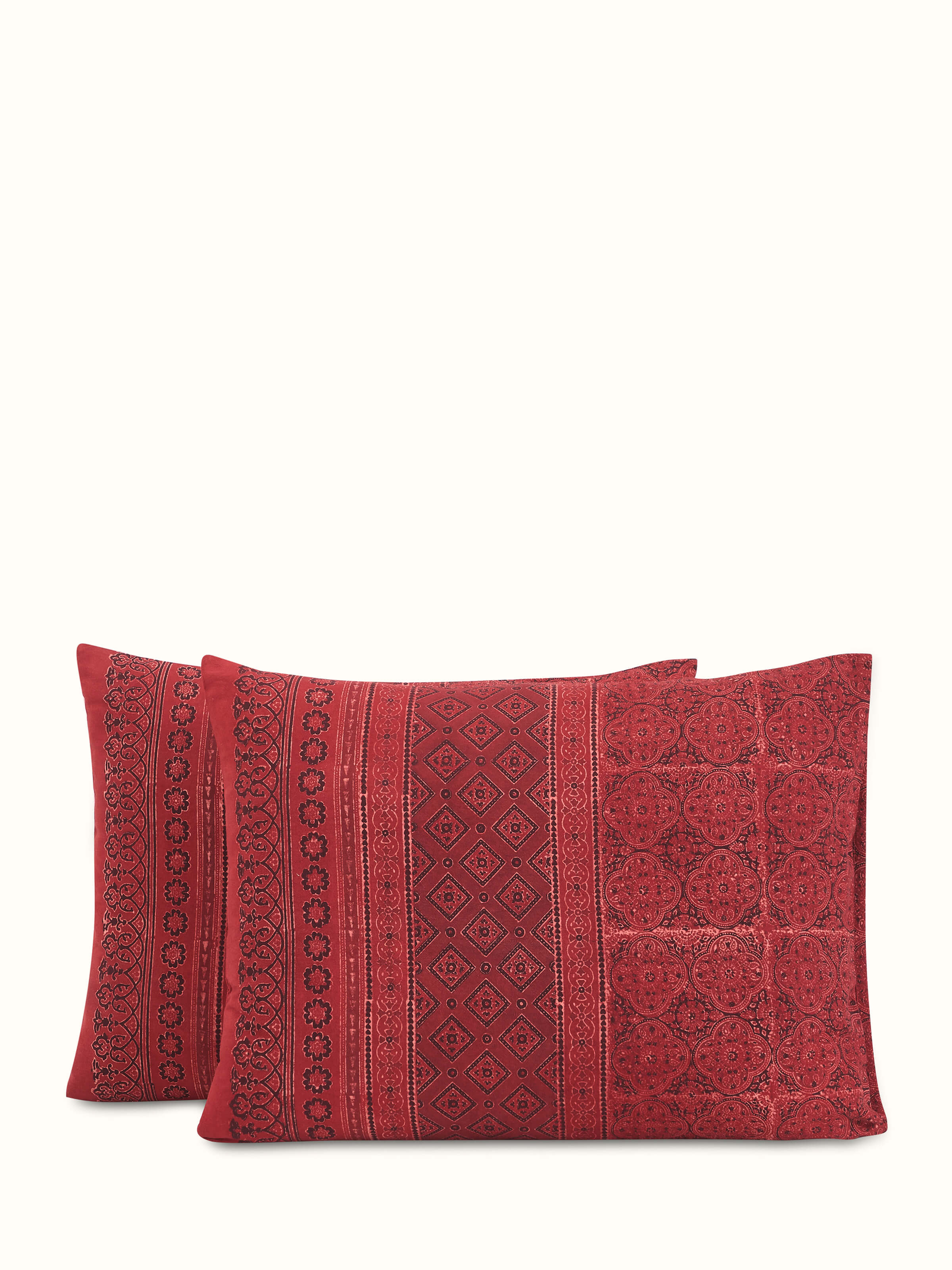 Perspective view of Sindh maroon jaal cotton ajrakh block printed queen bedspread set (3 pcs) displaying the intricate design and overall look.