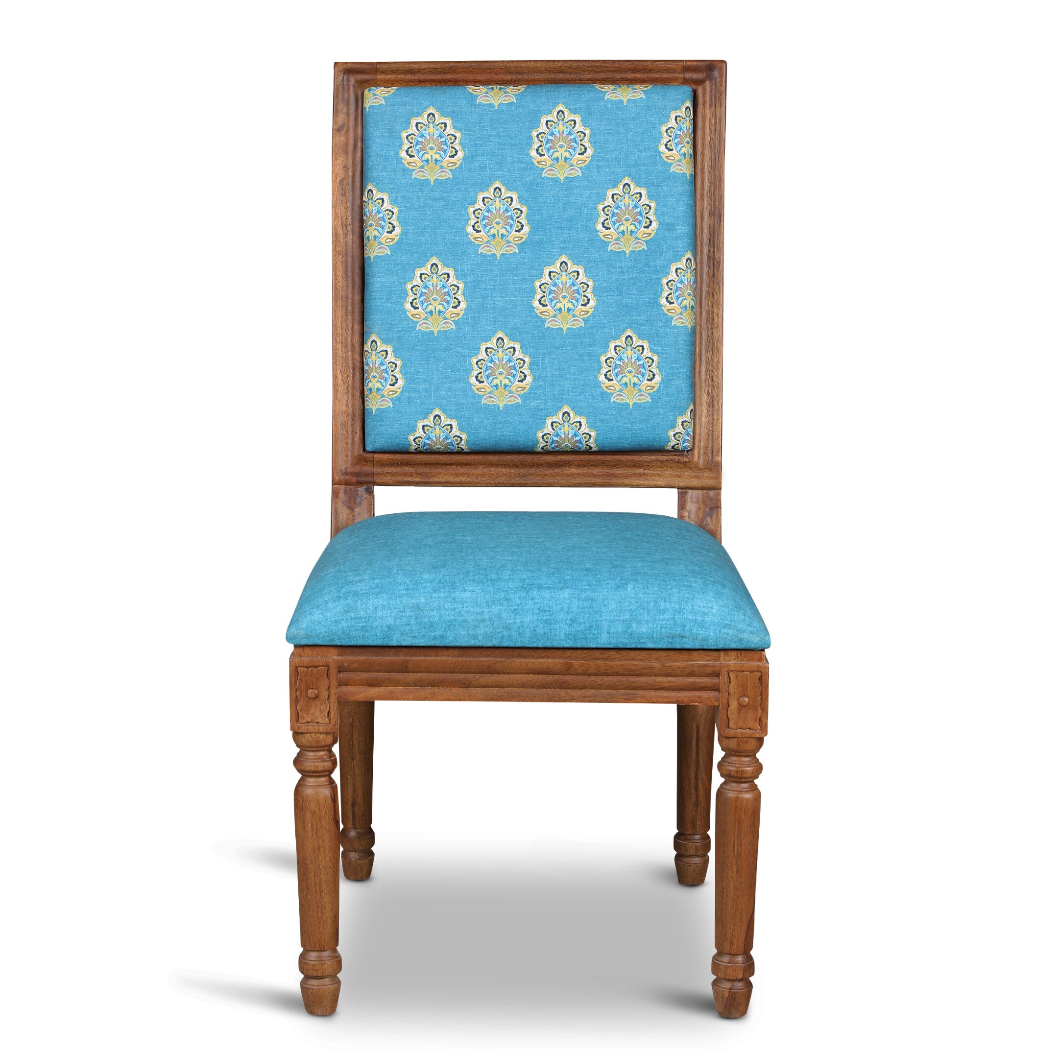 Globally Indian Sheesham Wood Turning Leg 4 Seater Dining Table Set With 4 Solid Wood Upholstered Chairs –  In Blue Color