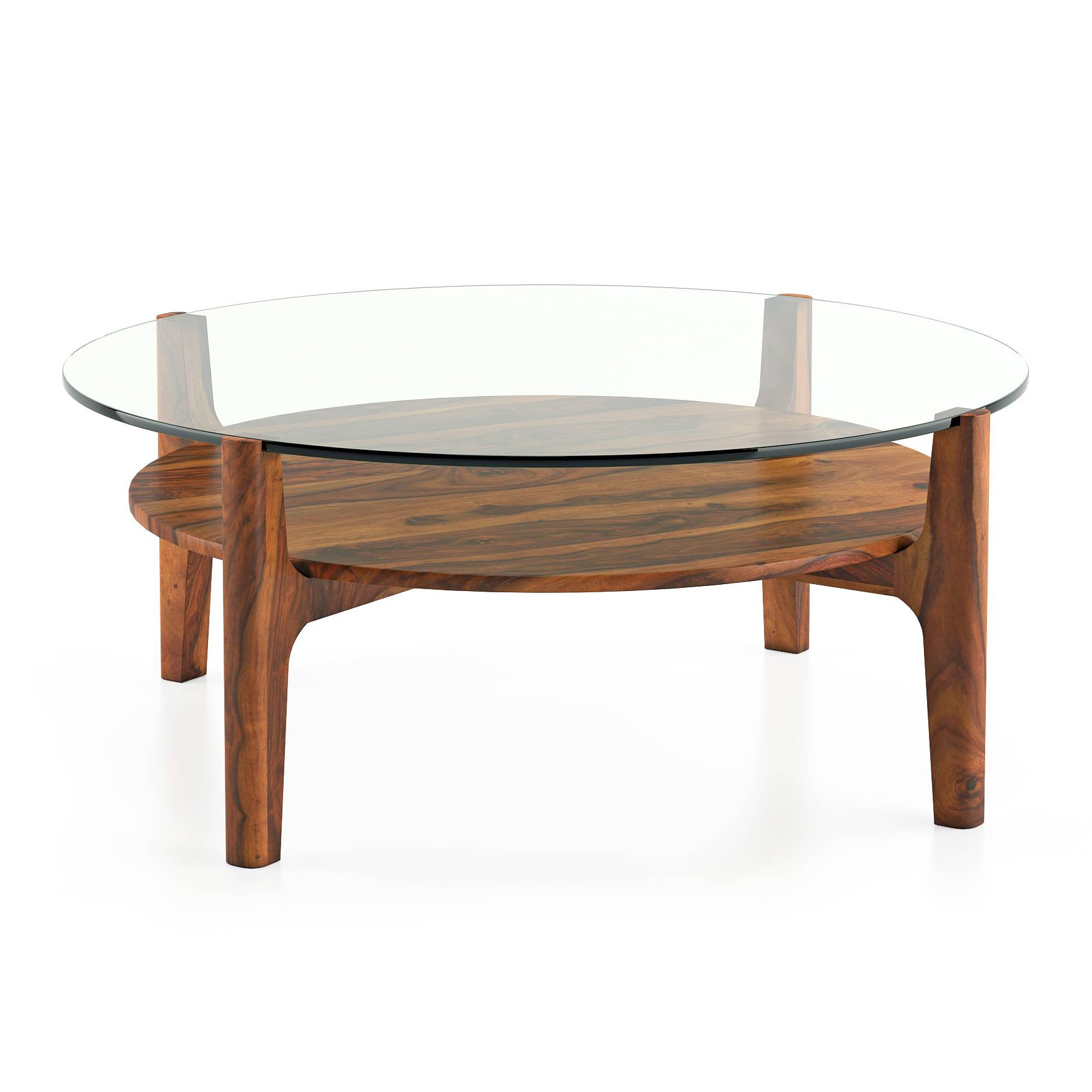 Cayman Round Glass Top Solid Wood Coffee Table with Storage In Teak Finish