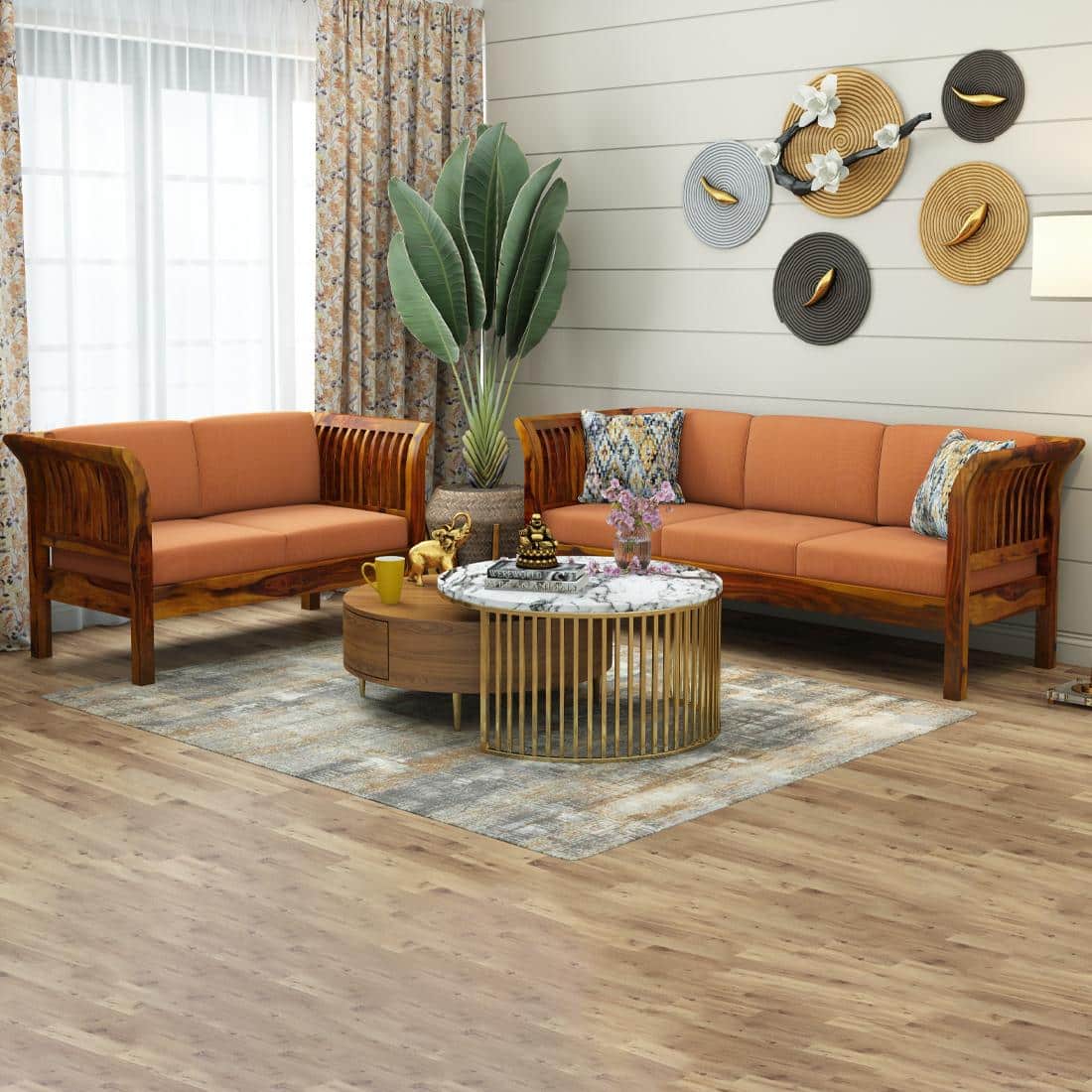 Haveli 3+2 Seater Wooden Sofa (Orange Colour, Honey Finish)