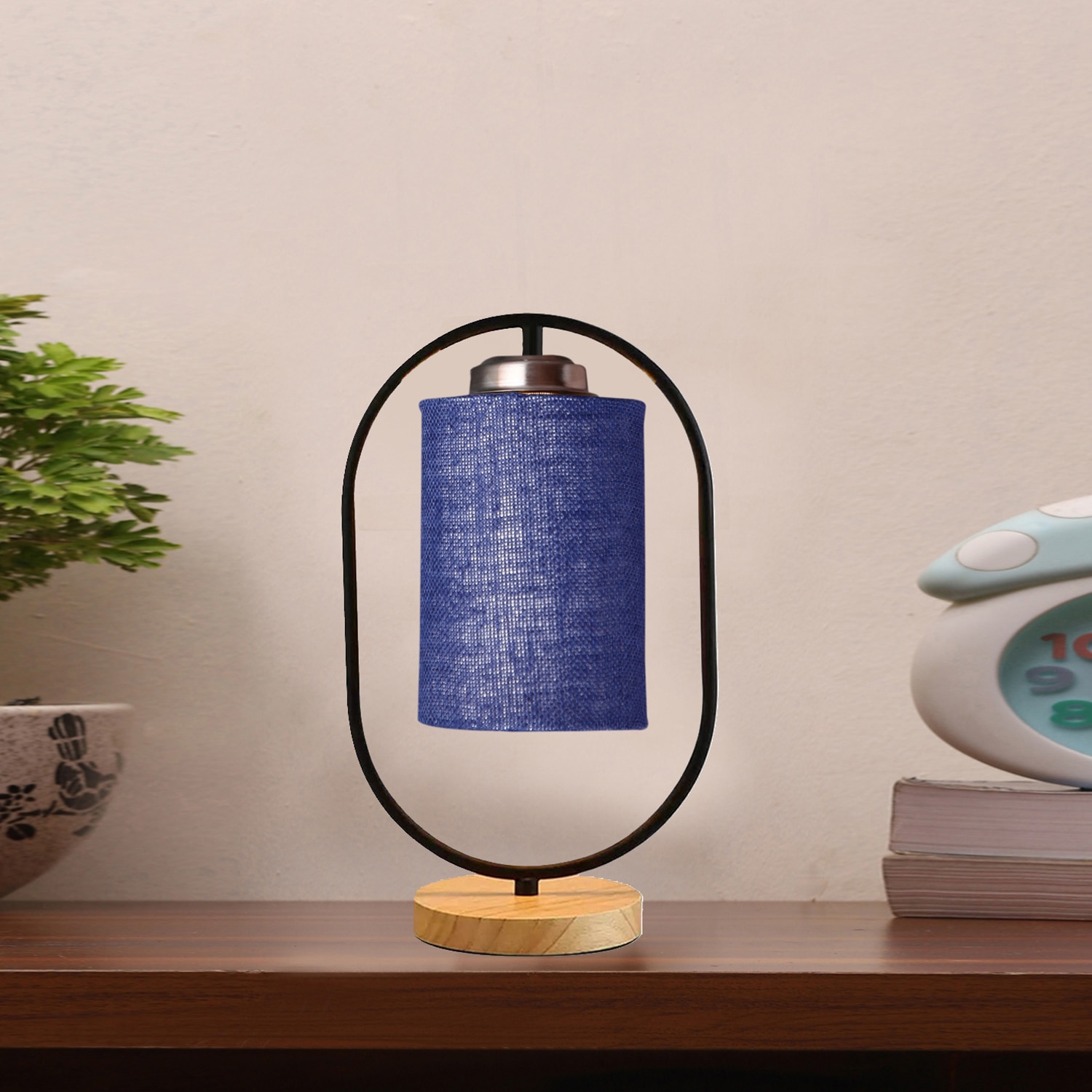 Devansh Blue Jute Wooden Floor & Iron Table Lamp -17 Inch Height -M