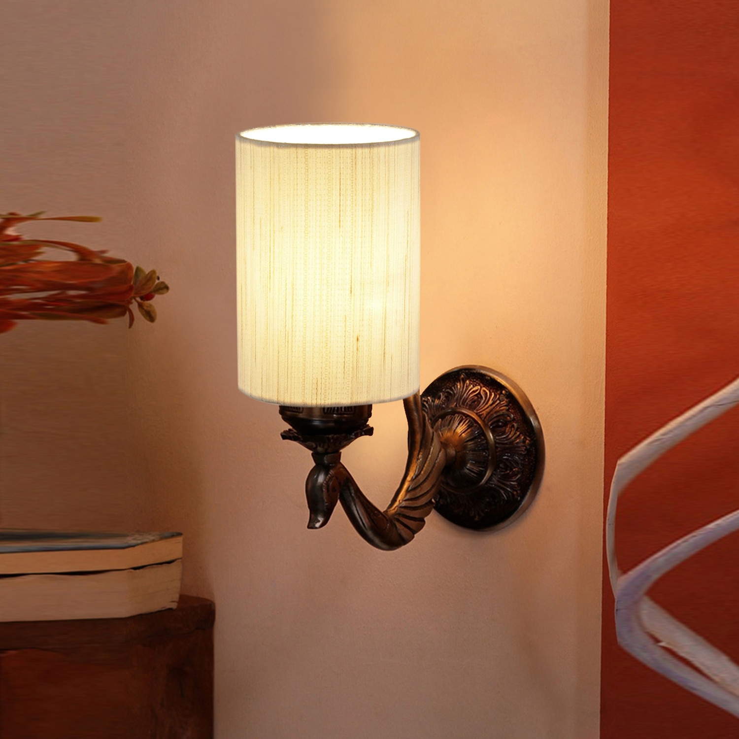 Devansh Metal Electric Wall Light in Antique Gold Colour with off-white Shade Count of 1 Light - Devansh