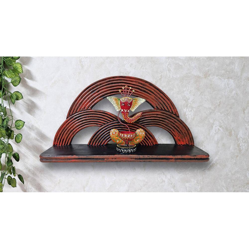 Axis Red Colour Solid Wood Handcarved Floating Wall shelf in Rainbow Design