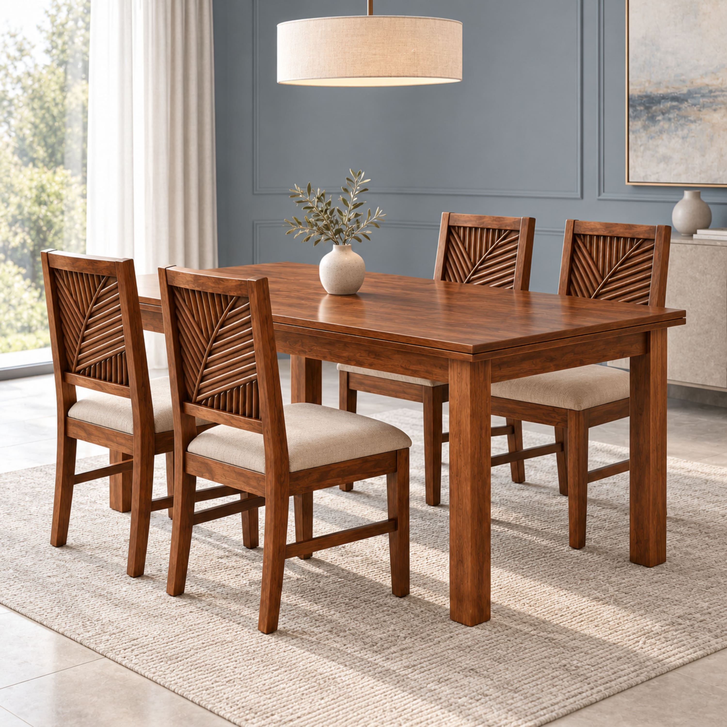 Globally Indian Vikirana Solid Sheesham Wood 4 Seater Dining Table Set 4 Chairs Beige