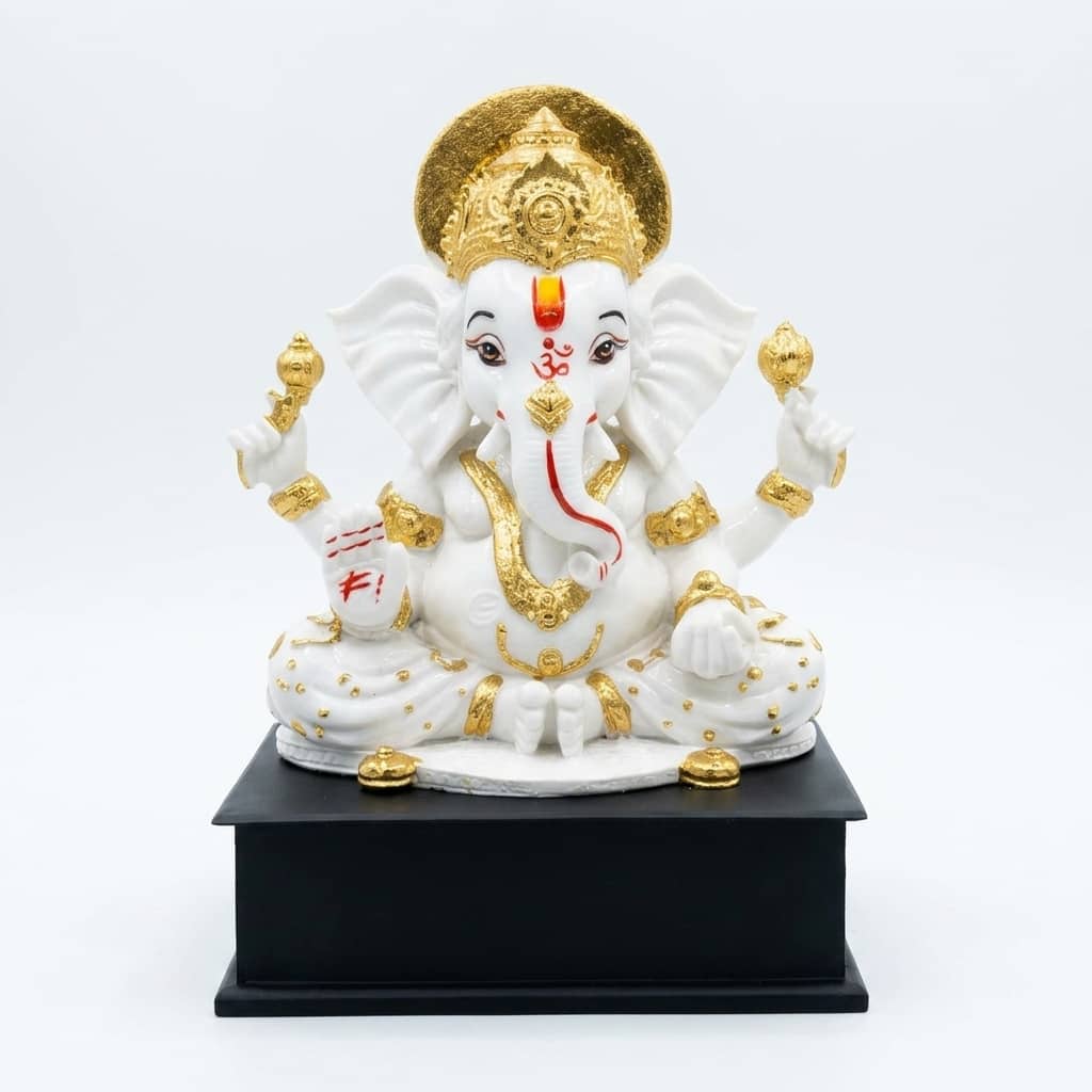 Devotional Siddhi Aura Ganesha Statue in White and Gold Colour - Vedas