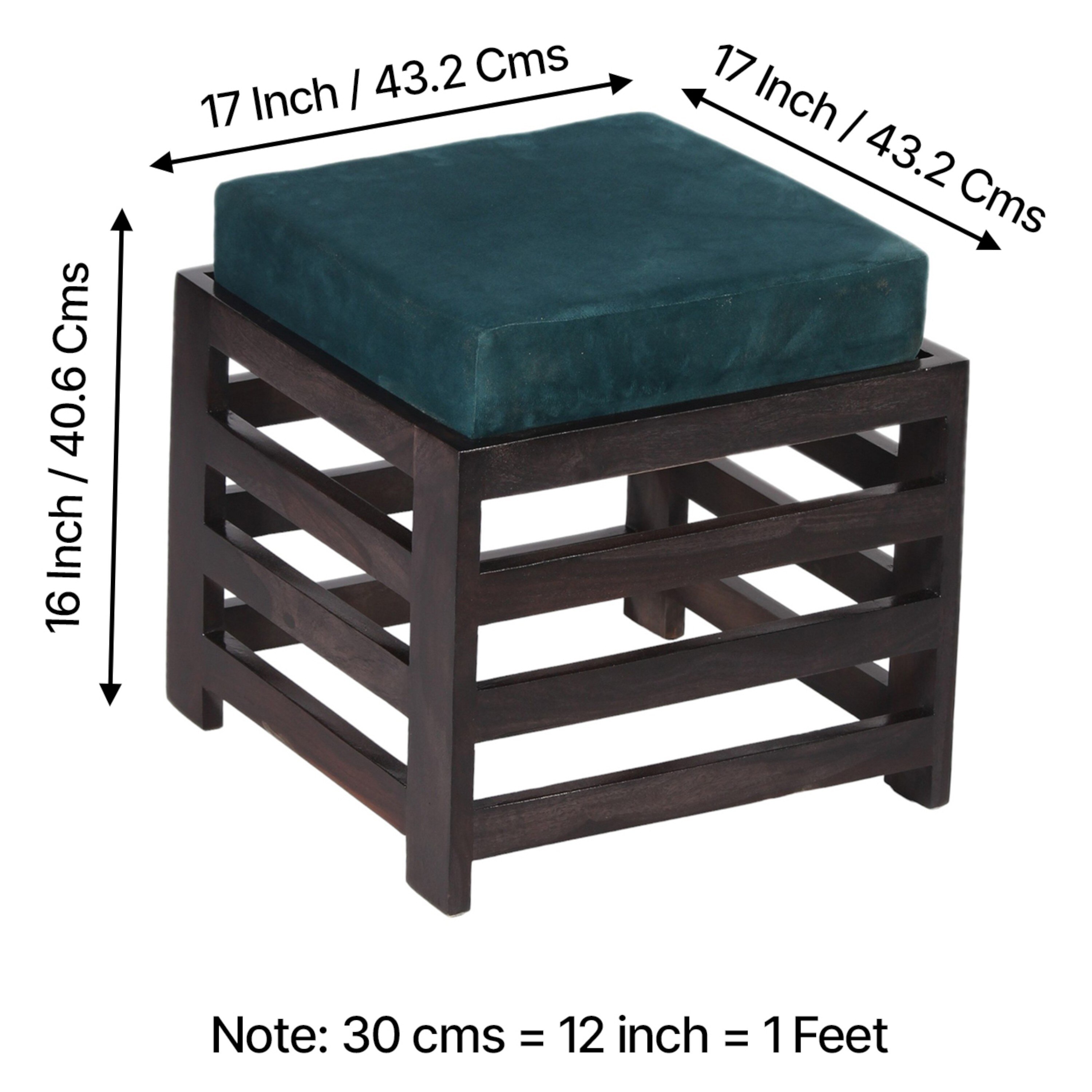 Houston Sheesham Wood Stool in Mahogany Finish & Turquoise Sea Velvet Cushion