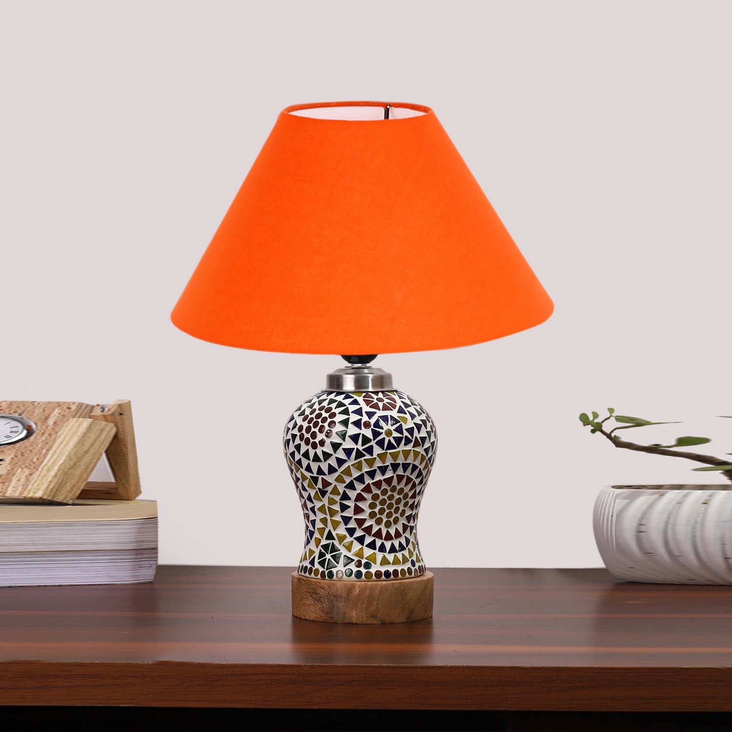 Devansh Conical Orange Cotton Shade Lamp With Wood & Mosaic Glass Base For Decoration/Office/Home/Gifting/Study For Decoration/Office/Home/Gifting/Study -(10X10X14.5) Inches -A - Devansh