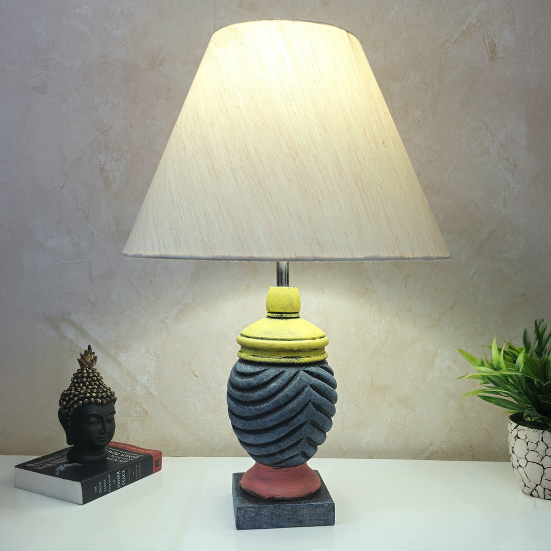 Multicolour Handpainted And Hancarved Distress Wooden Table Lamp