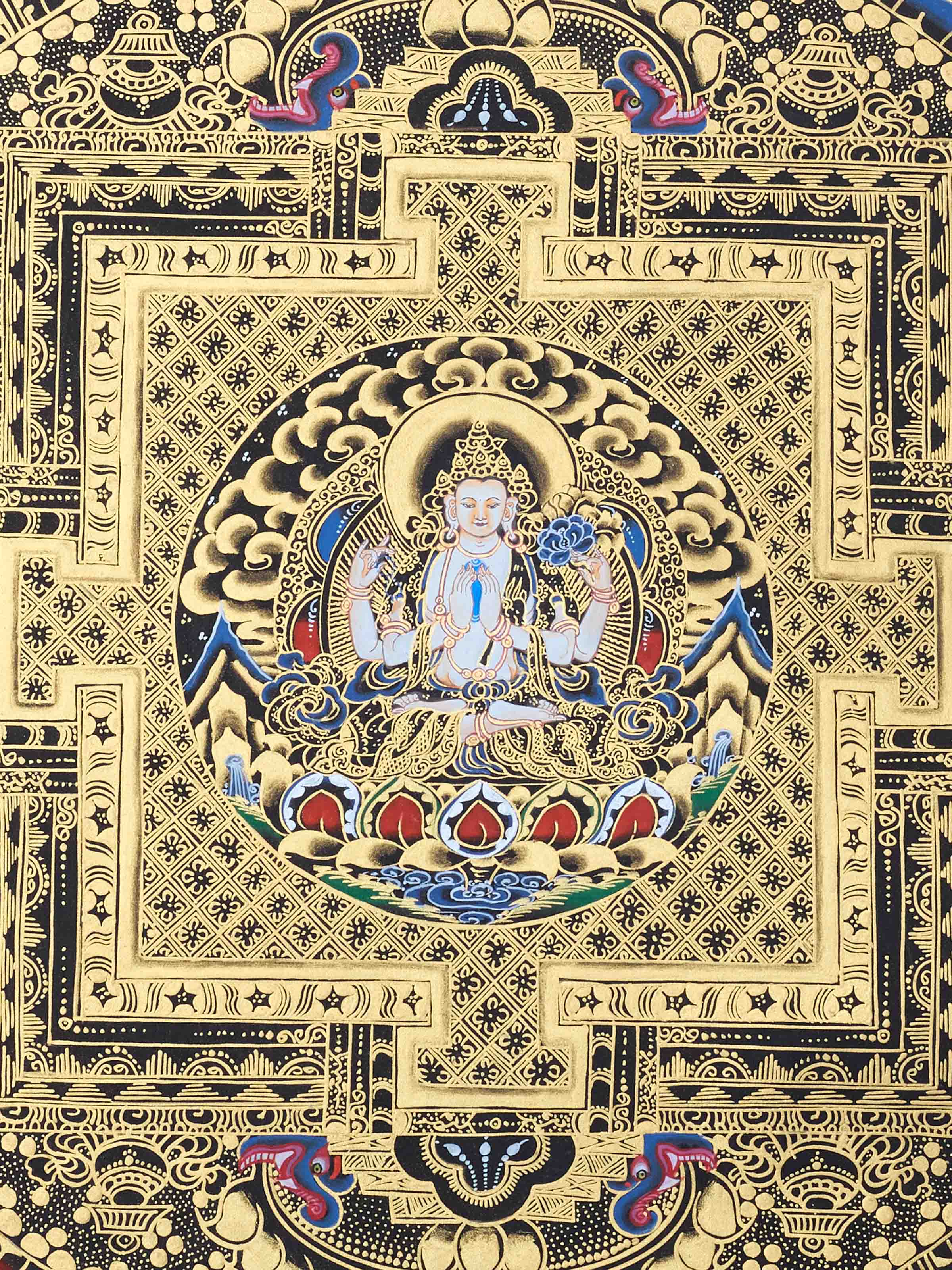 Detail view of the Chenrezig Buddha with Mantra Thangka Painting