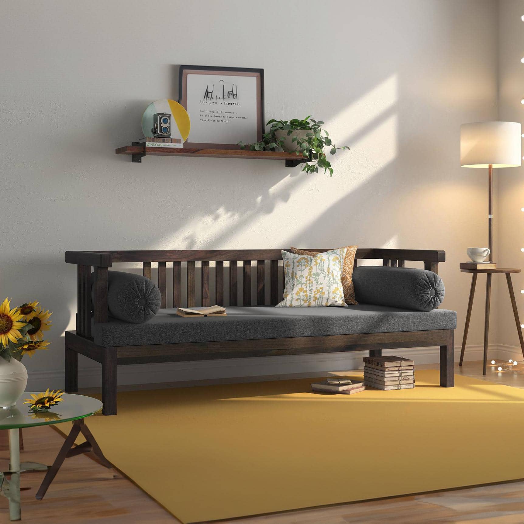 Milton Diwan in American Walnut Finish with Grey Fabric Colour