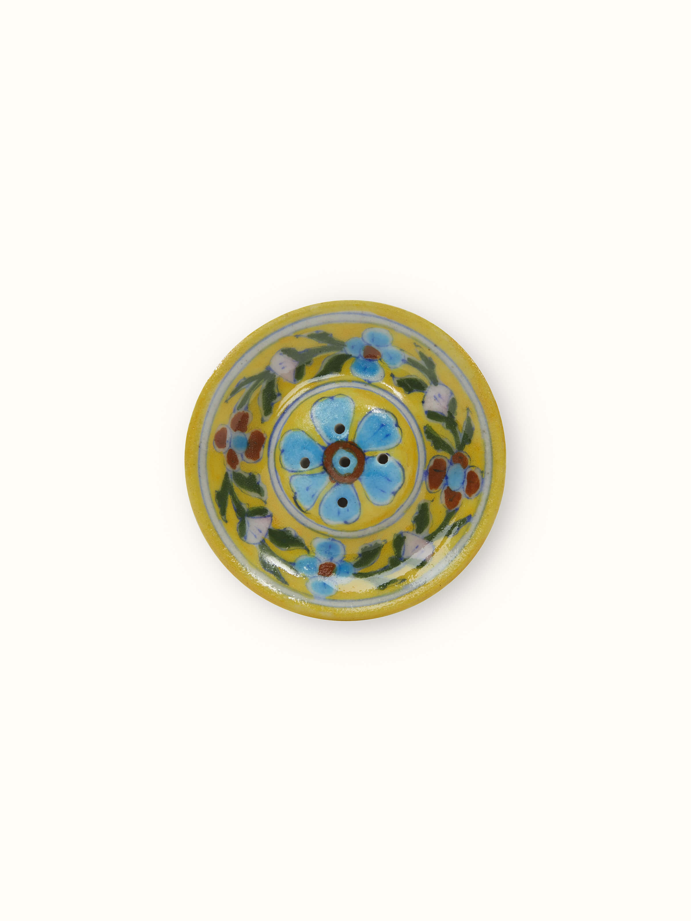 Yellow blue pottery ceramic floral incense stick holder – front view