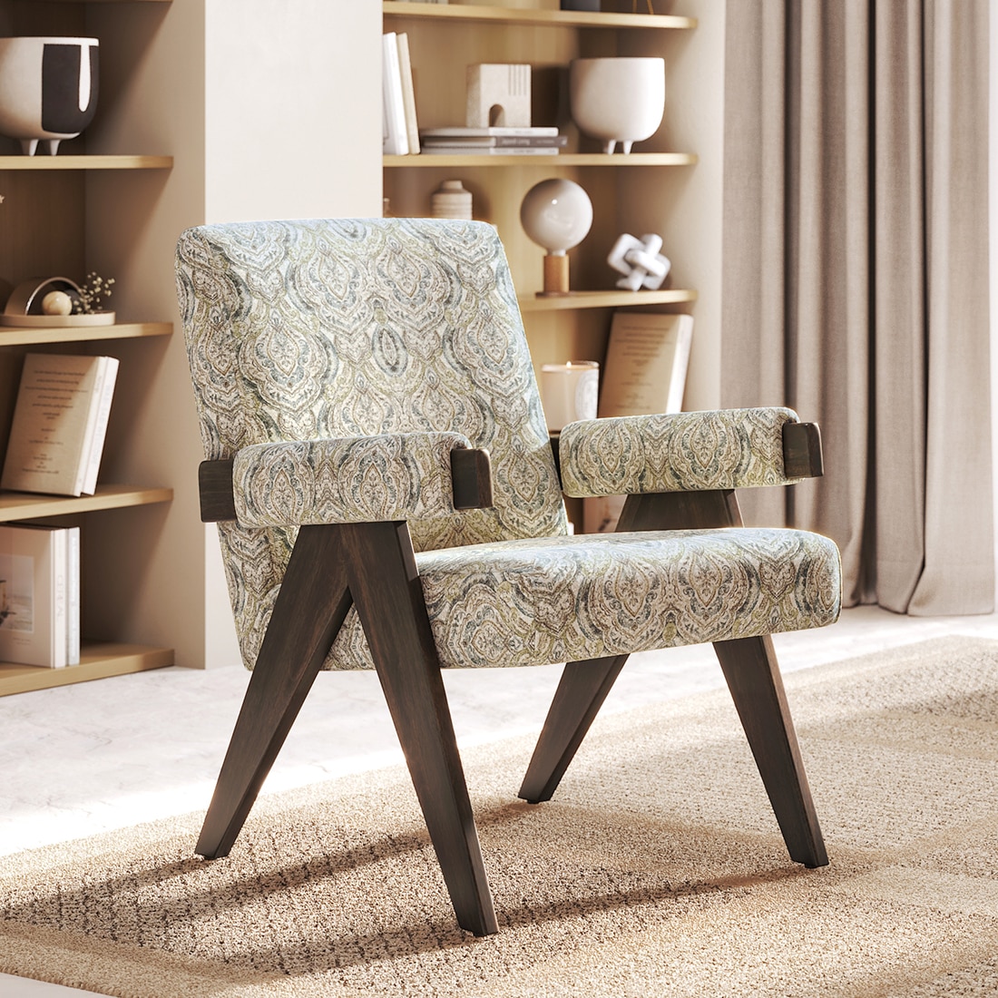 Chandigarh Lounge Chair in Rustic Green Damask Colour
