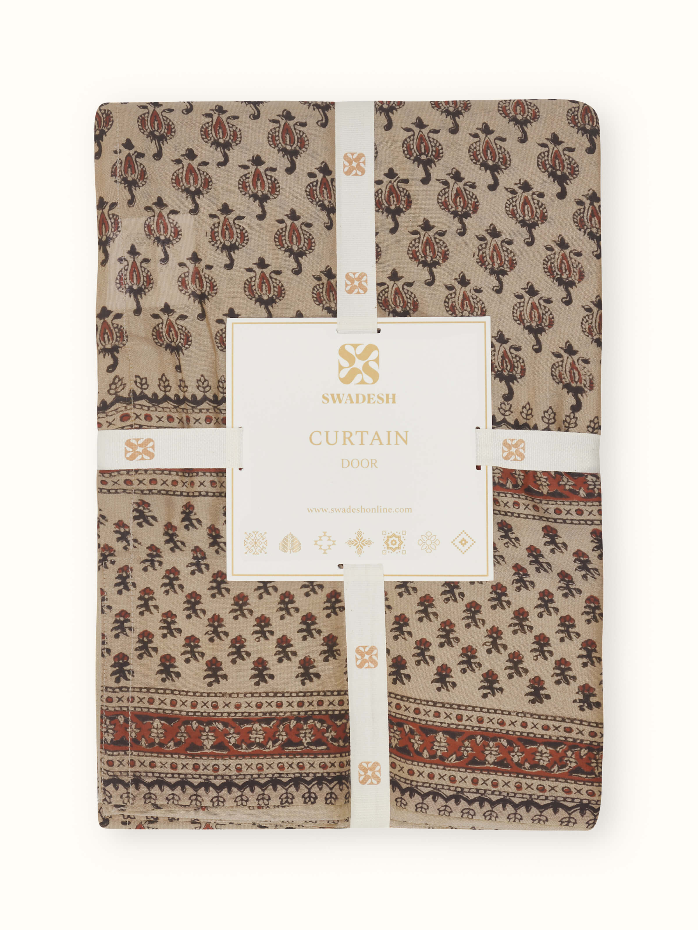 Zoomed-in view of print and fabric texture on Vasudha rust sheer curtain.