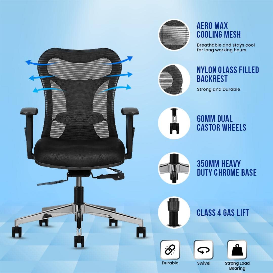 Vertex Mid Back Mesh Office Chair with Headrest in Black Colour