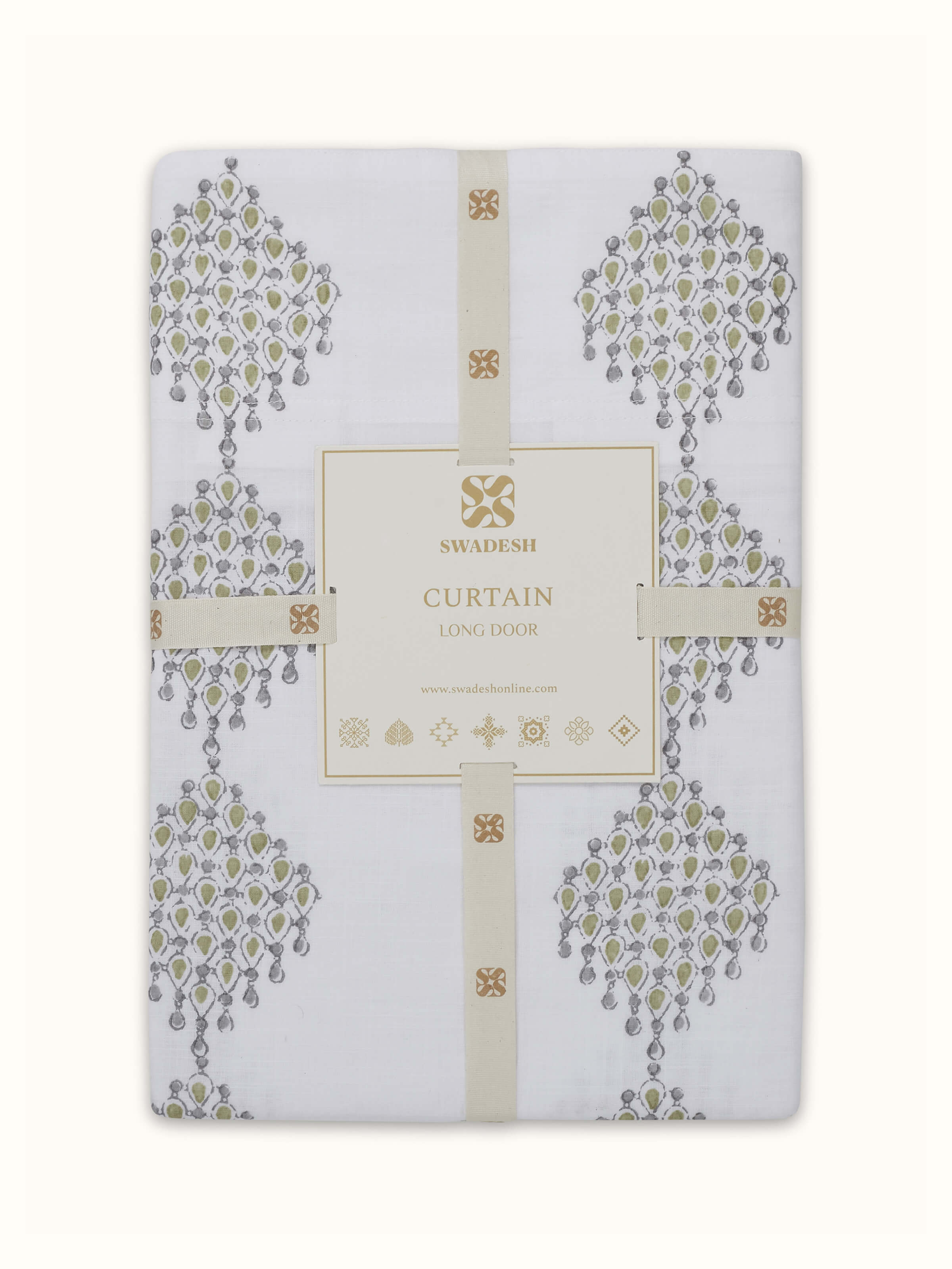 Detail shot highlighting texture and modern block print design of Rambagh cotton curtain.