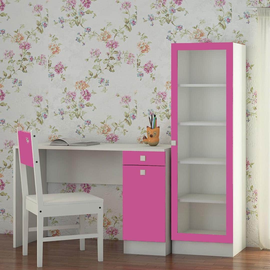 Celestia Kids Study Set with Desk Bookshelf and Wooden Chair in Barbie Pink Colour