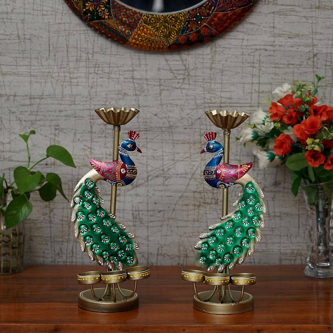 Desert Art Metal Handpainted Peacock Tealight Showpiece Set of 2 - Desert Art