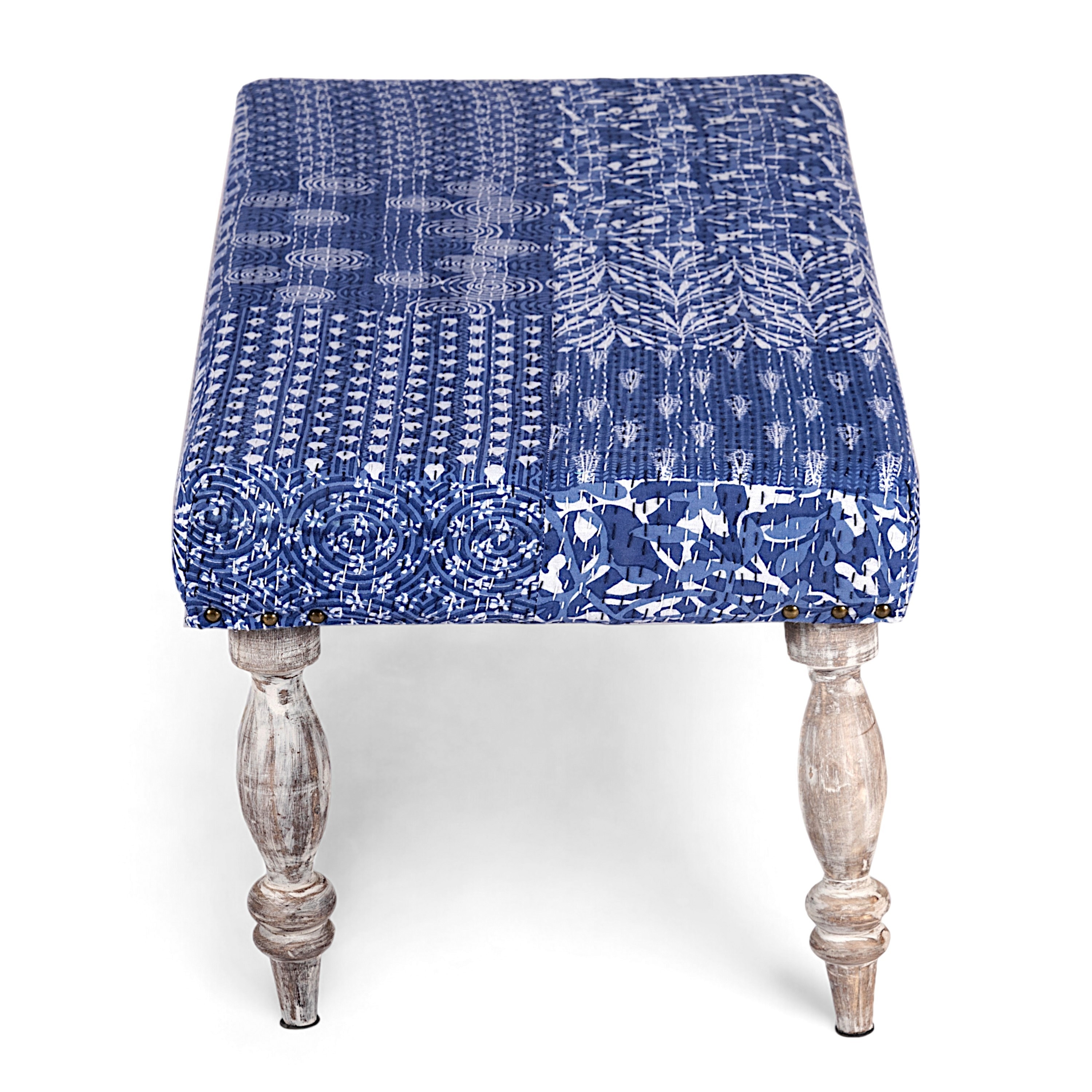 Bestone Solid Wood Bench In Indigo Patch Kantha Fabric