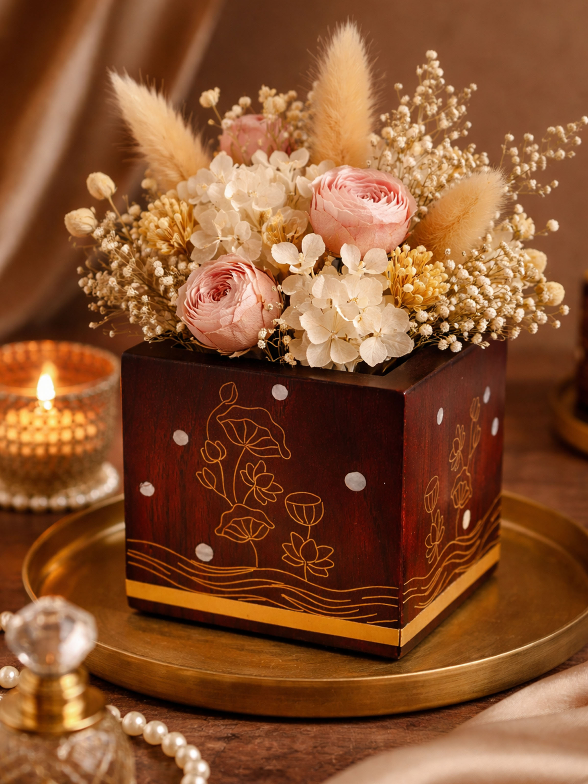 Kamal Tarkashi Teak Wood Dry Flower Pot
