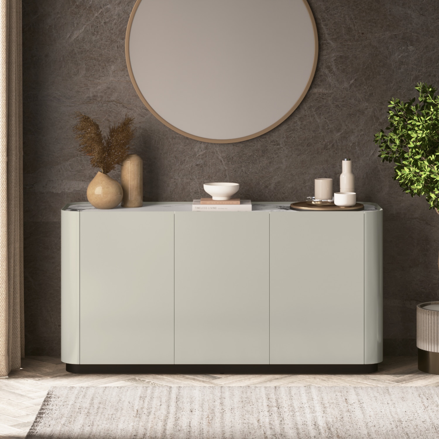 Dorian Engineered Wood Sideboard With Ceramic Top In Taupe High Gloss Finish