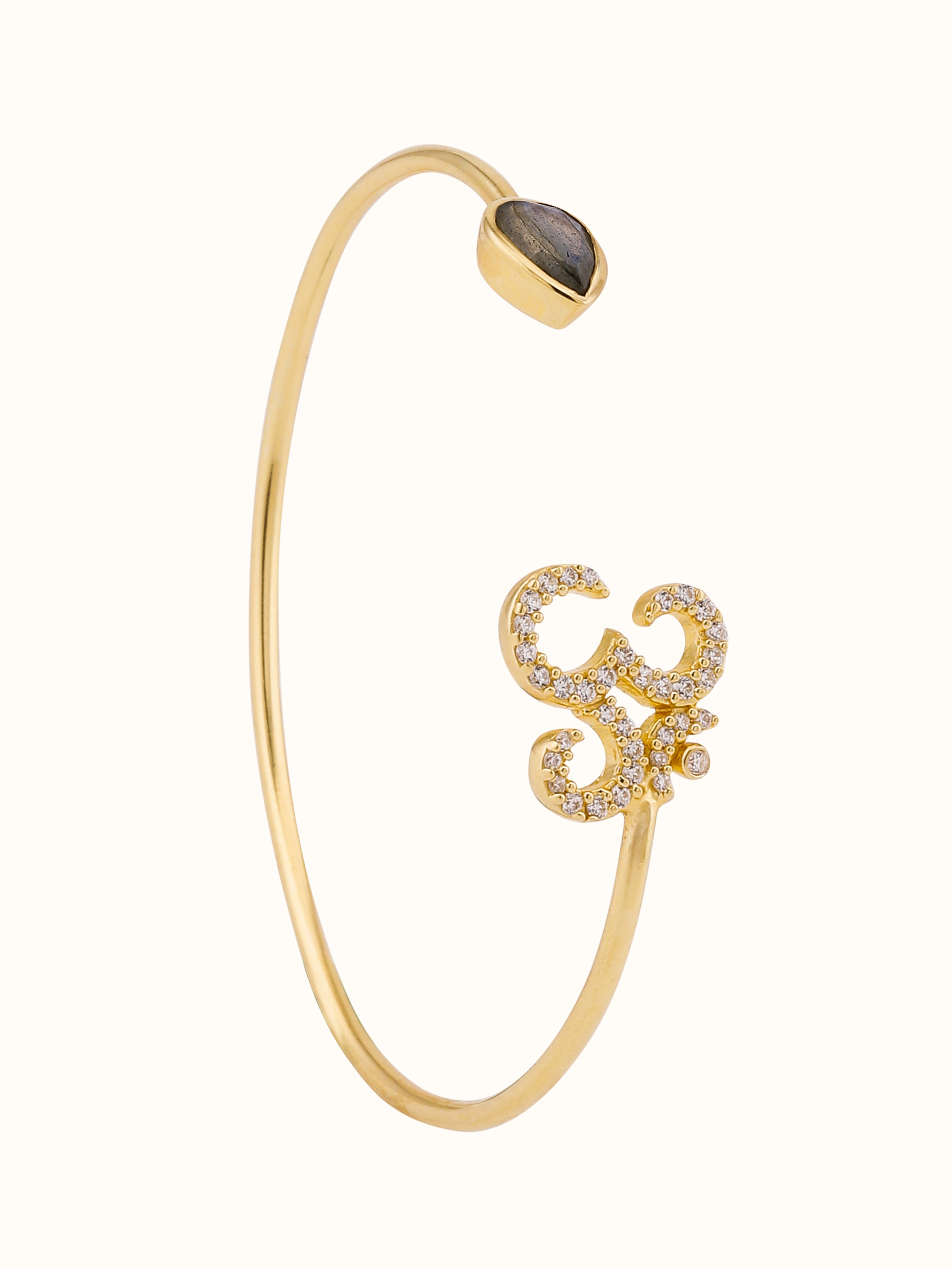 Front view of Labradorite & Om 18K Gold Plated Silver Bracelet, highlighting its mystical labradorite and gold accents