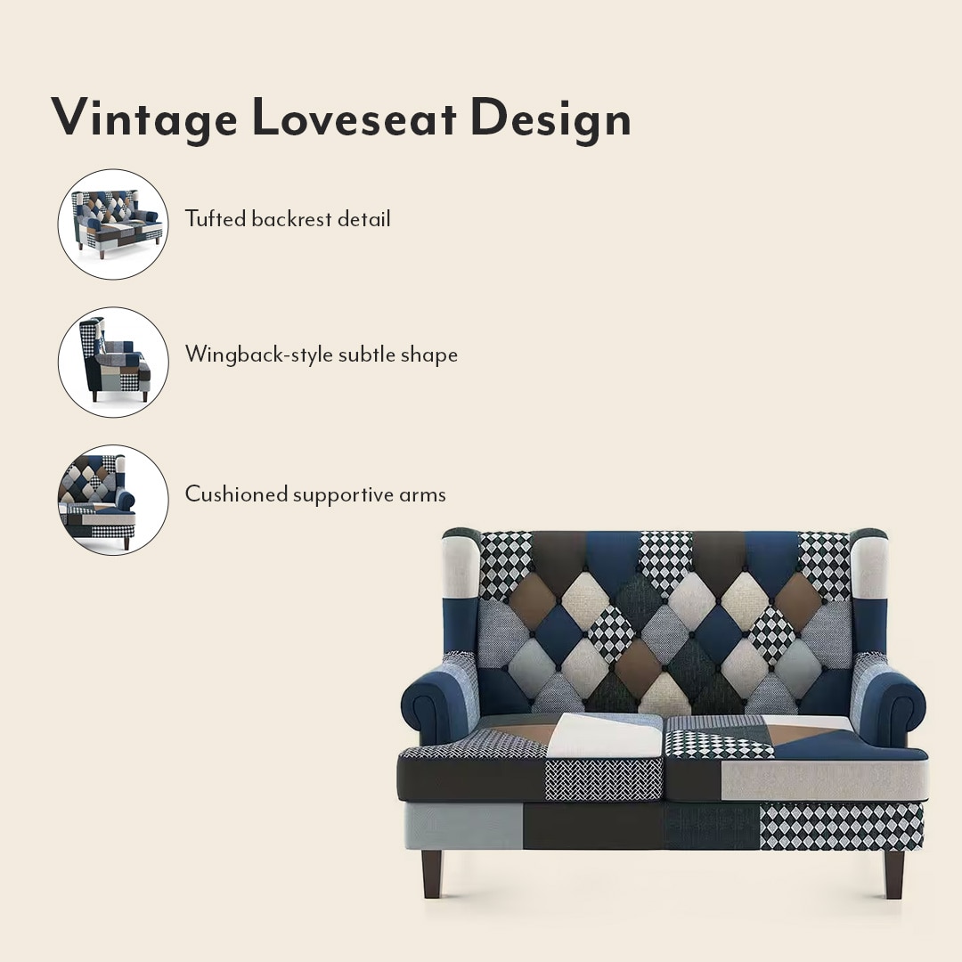 Minnelli 2 Seater Fabric Loveseat In Indigo Patch Work Colour