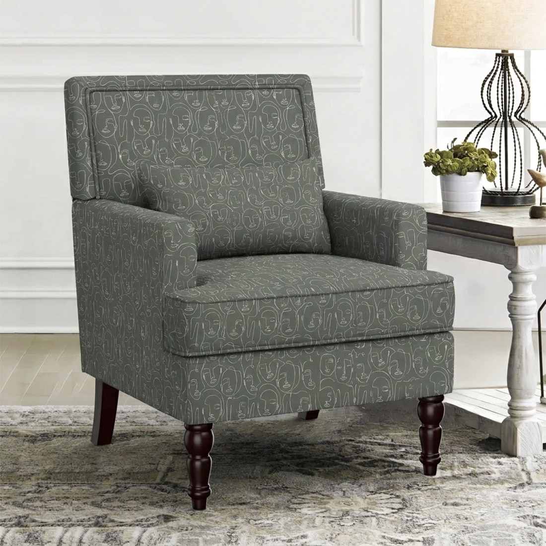 Lark Printed Human Canvas Fabric Lounge Chair in Green Colour - KURSIWALLAH