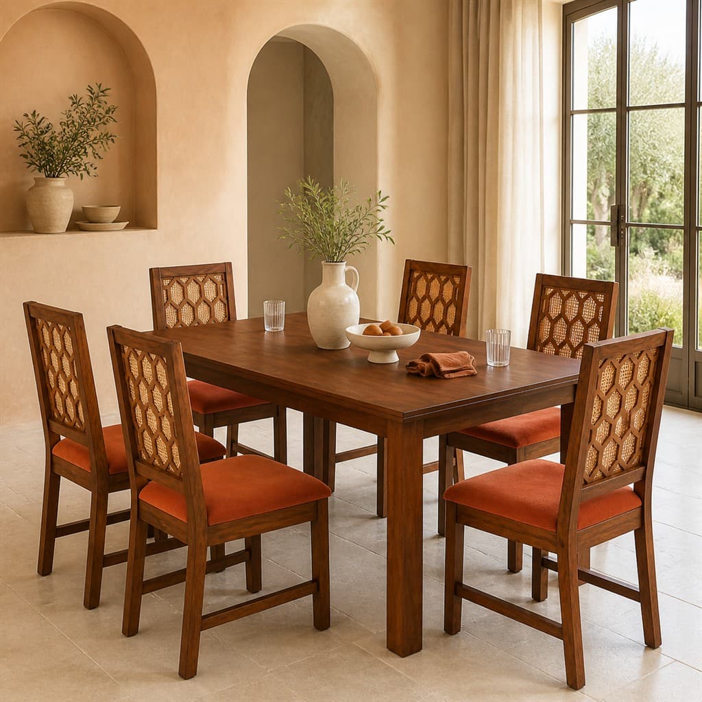 Globally Indian Helene Solid Sheesham Wood 6 Seater Dining Table Set 6 Chairs Navy Blue