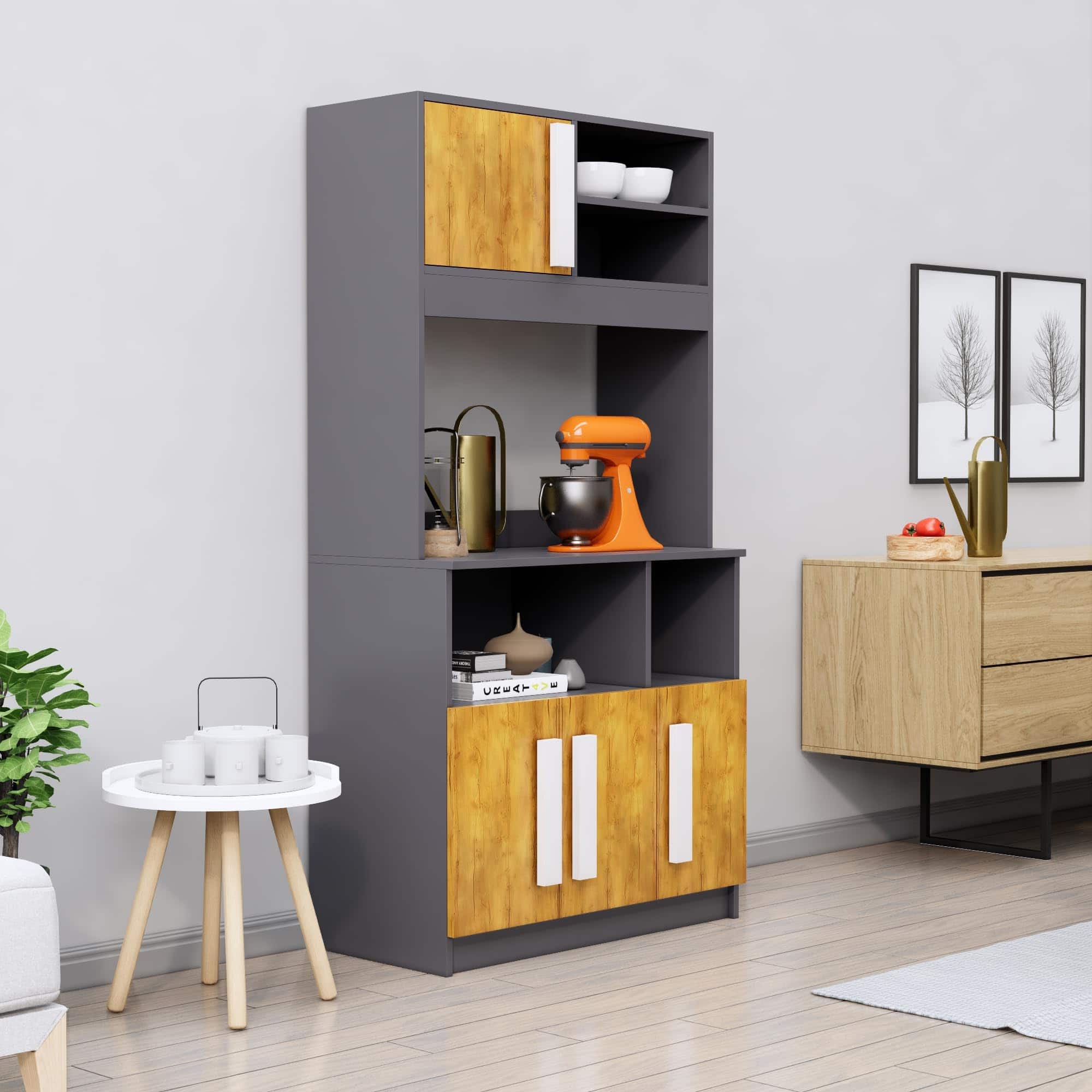 Hexa Red Crockery Unit Multipurpose Wooden Cabinet in Slate Grey And Giant Wood Colour - HexaRed