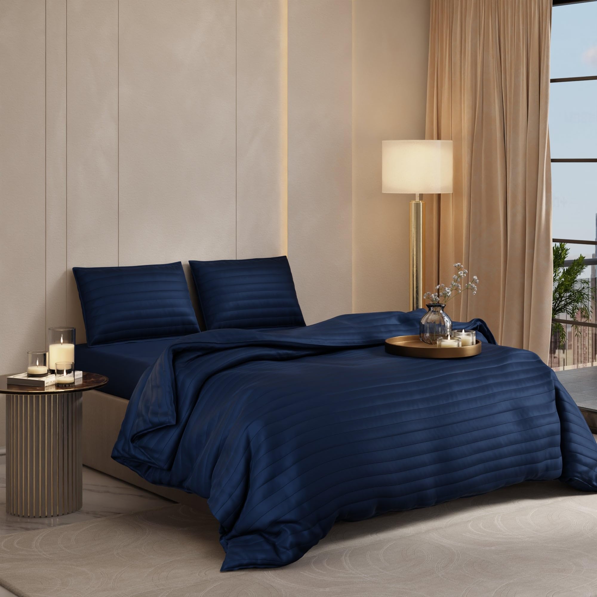 Stoa Paris Sateen Quilted King Size Bed Cover with 2 Pillow Covers (100 x 108) lted King Mystique Blue - Stoa Paris