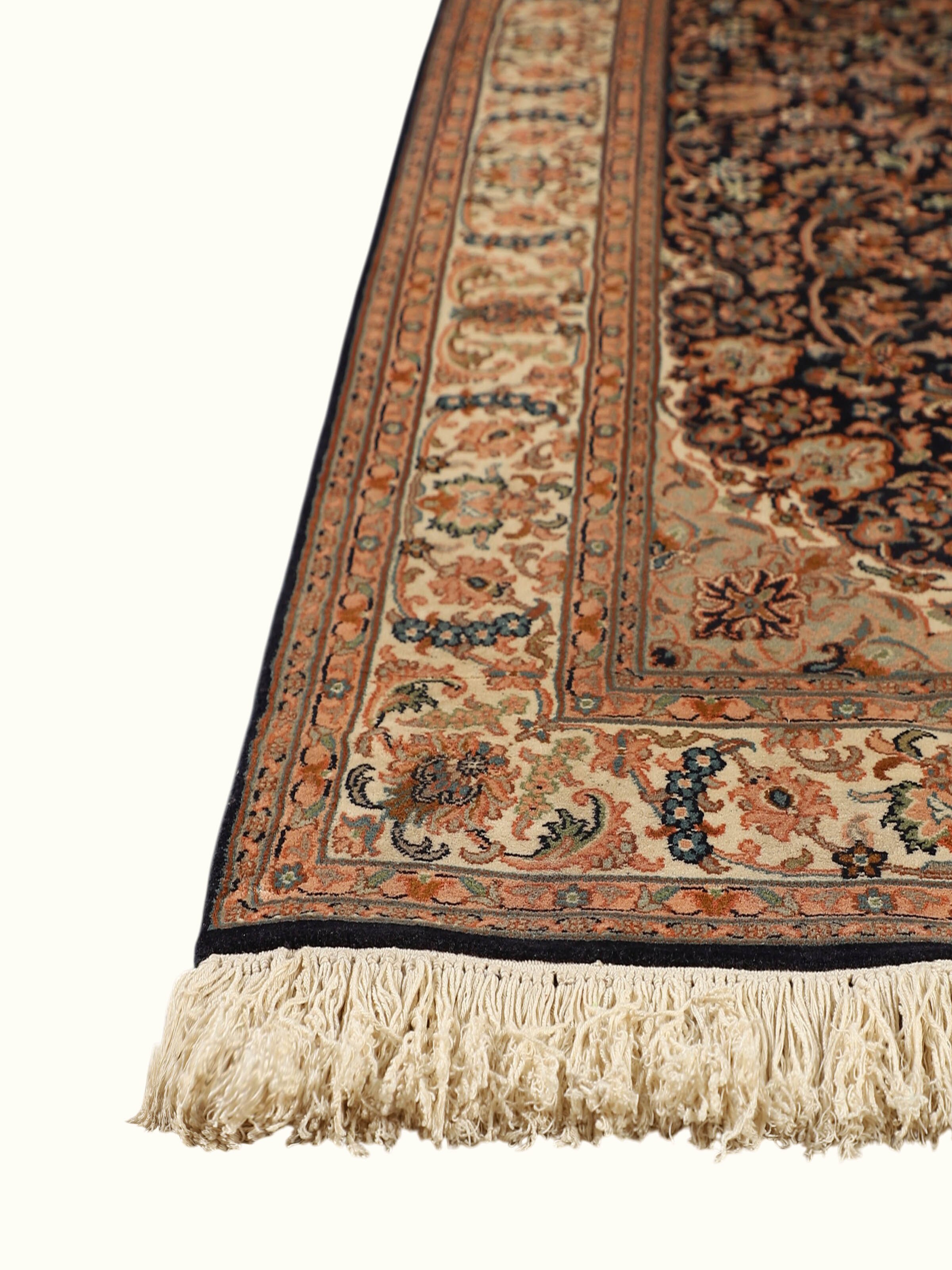Traditional Persian Navy Ivory Kashan Kashmir Silk Hand-Knotted Carpet