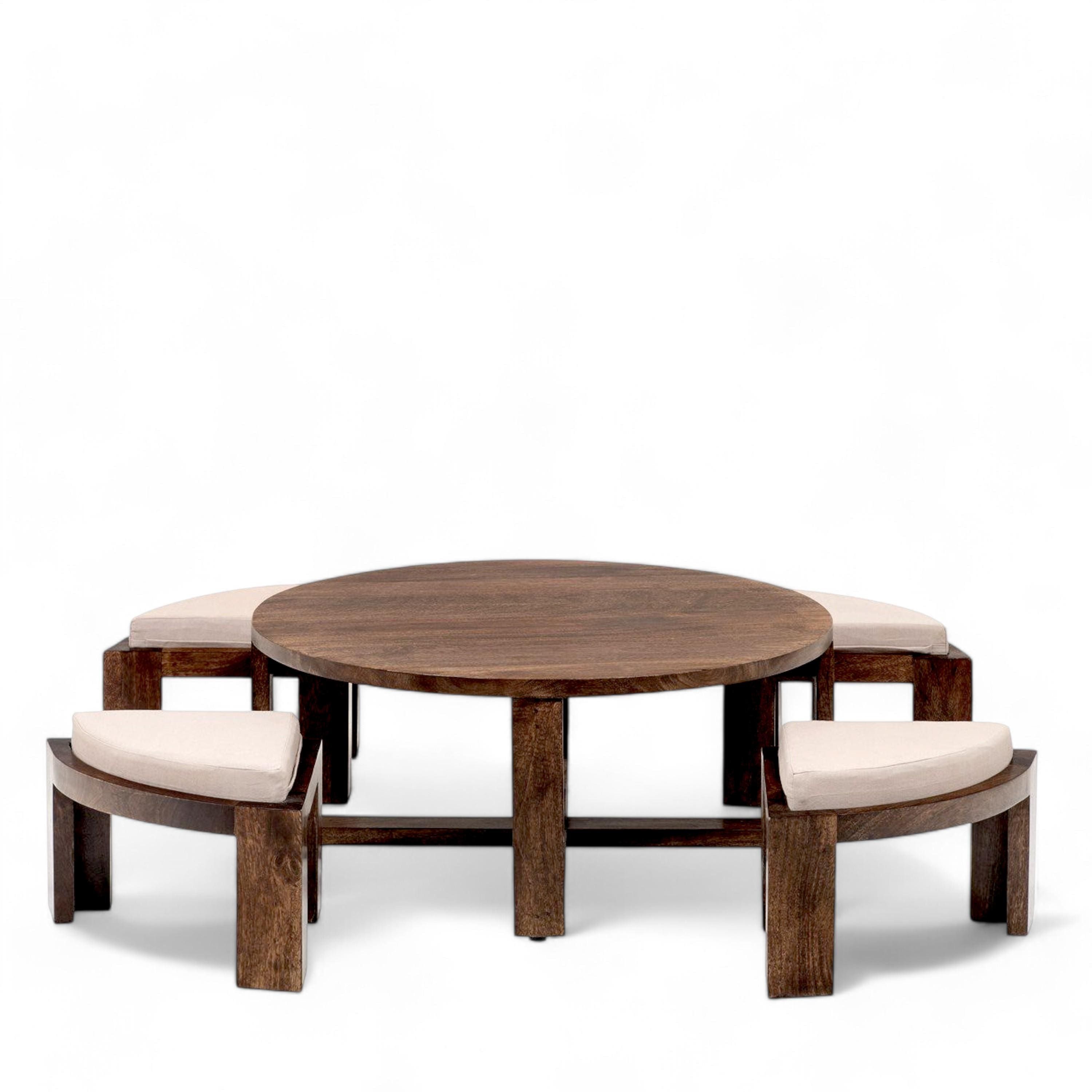 Nashville Sheesham Wood Accent Coffee Table Set With 4 Stools In Provincial Teak Finish With Beige Velvet Cushions