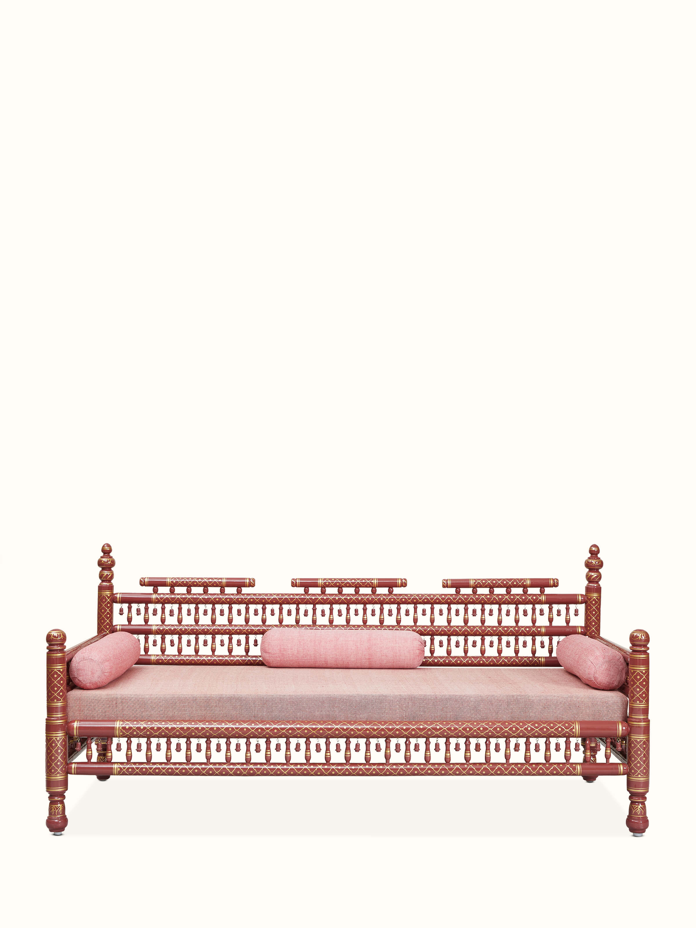 Front view of Upholstered Teak Wood Sankheda 3-Seater Sofa featuring rich upholstery and classic design