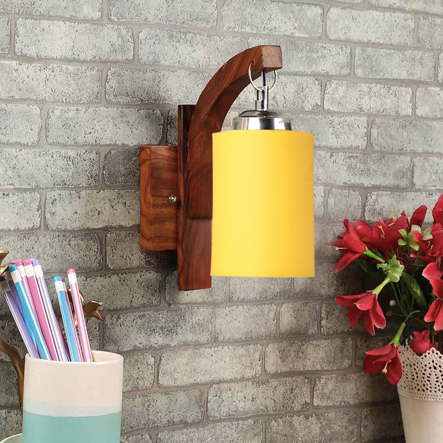 Devansh Solid Wood Electric Wall Light in Brown Colour with Yellow Shade Count of 1 Light - Devansh