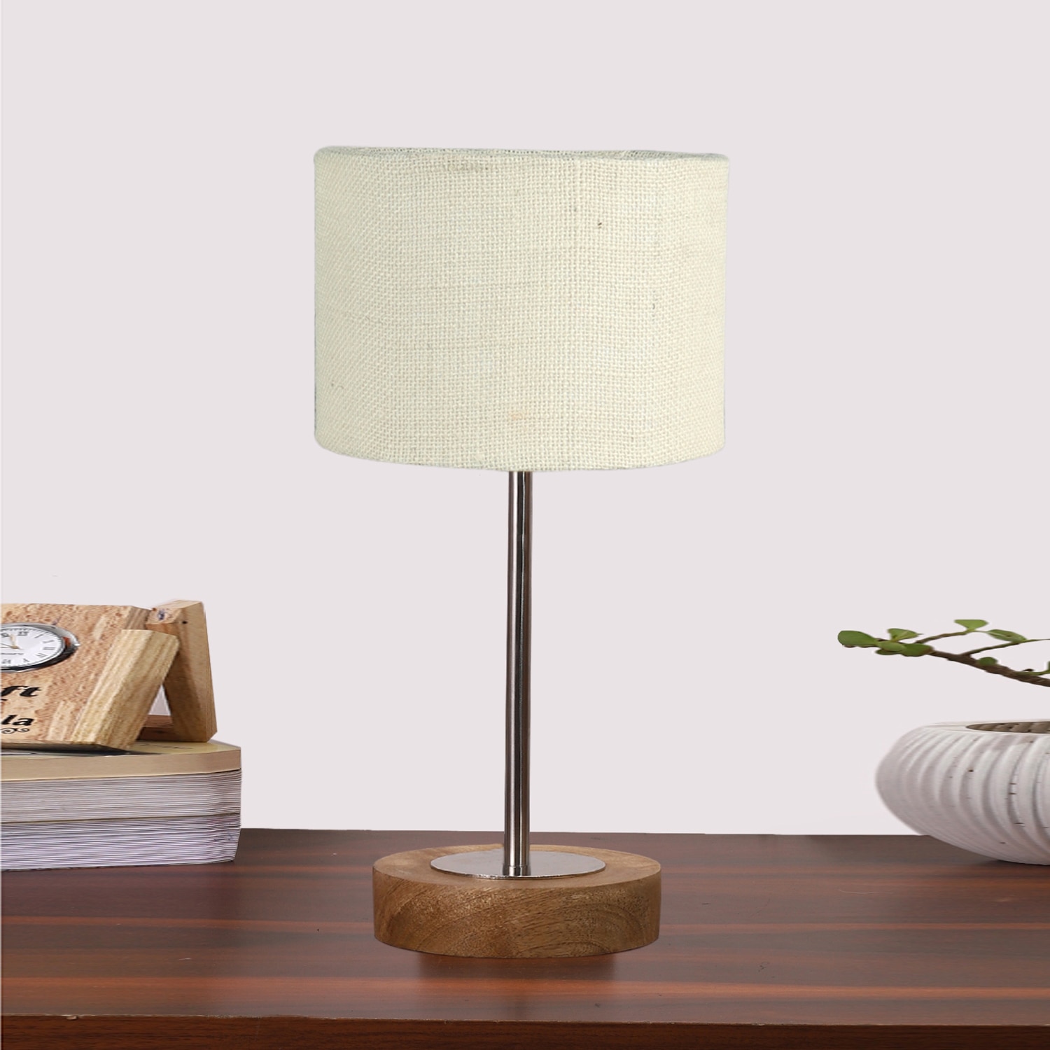 Devansh White Jute Table Lamp With Natural Wood Base & Steel Pipe (7X17 Inches)-10