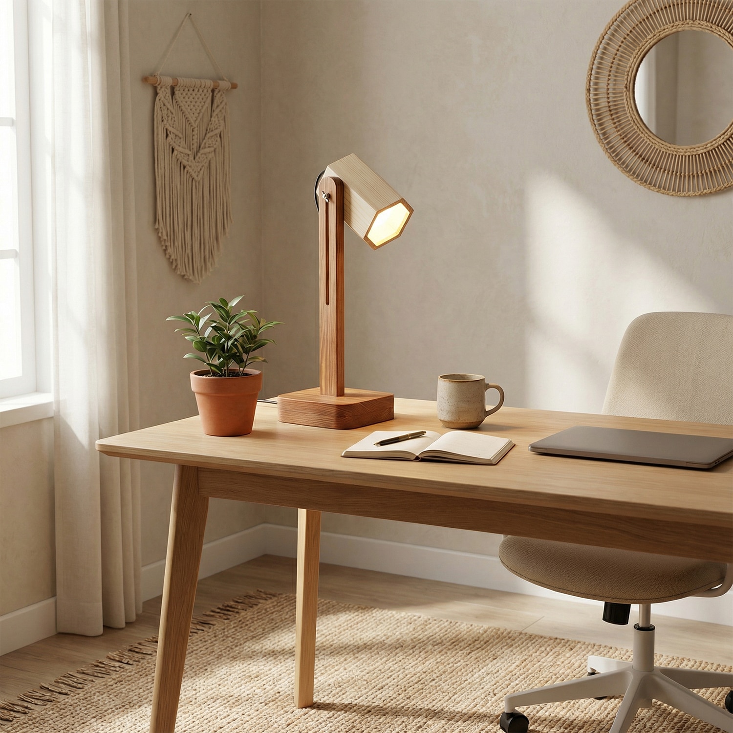 Hexspot Brown Wooden Table Lamp with Beige Wooden Lampshade