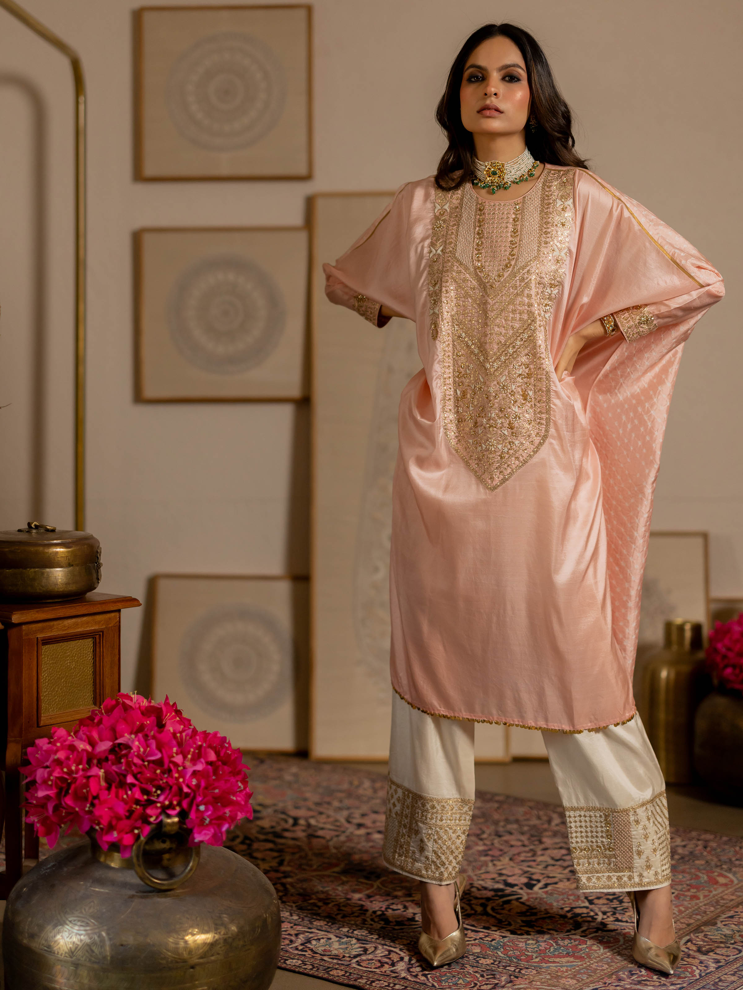Side view of the Blush Pink Silk Hand Embroidered Bandhani Kurta Set (2 Pcs)