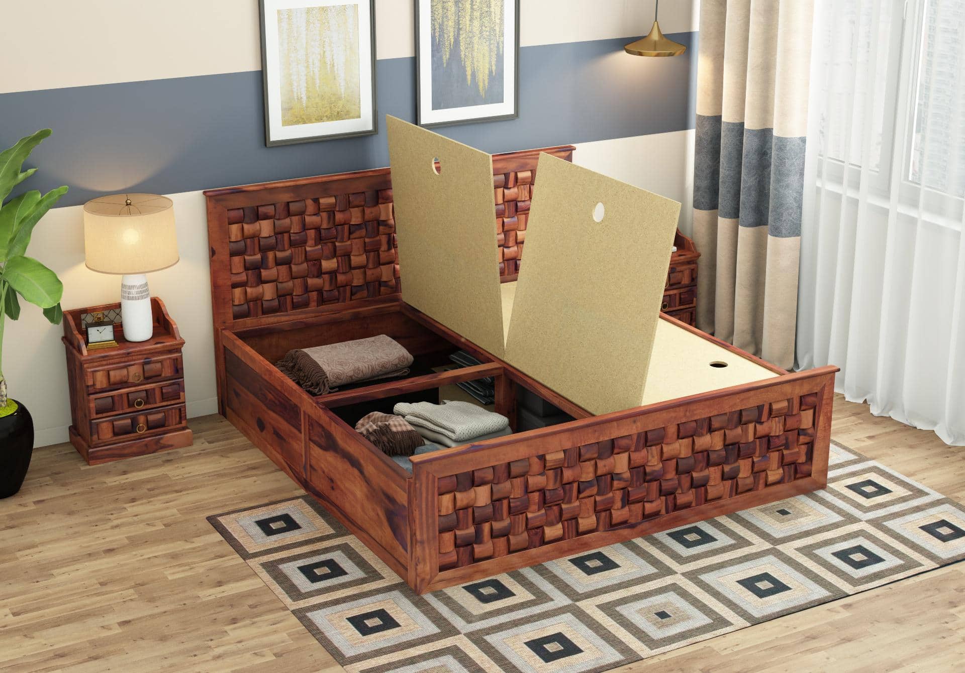 Moglis Solid Wood Queen Size Bed With Box Storage Bed Honey Oak In Finish