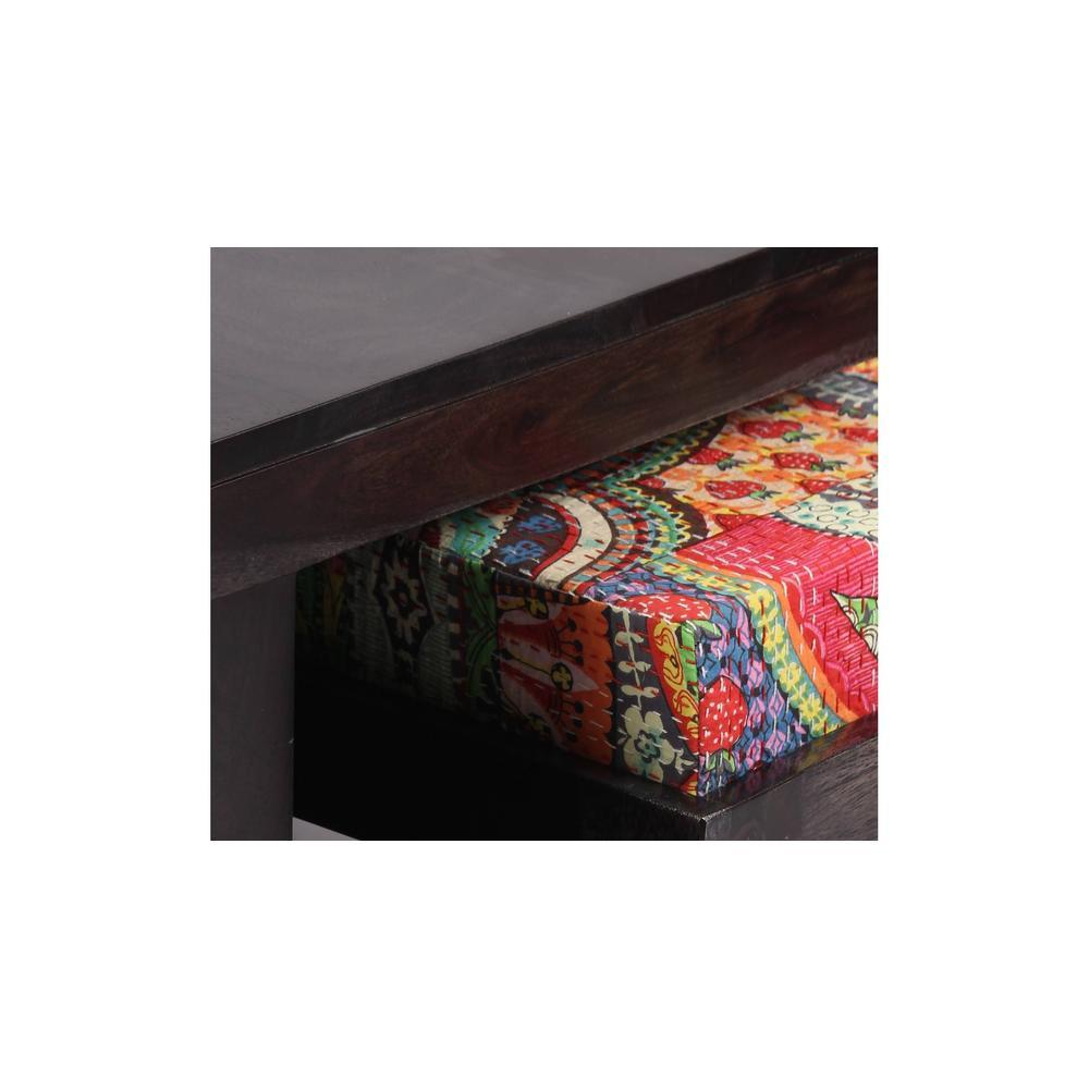 Blane Sheesham Wood Coffee Table With 4 Stools Set In Mahogany Finish & Multi Colour Israel Print Kantha Fabric Cushions