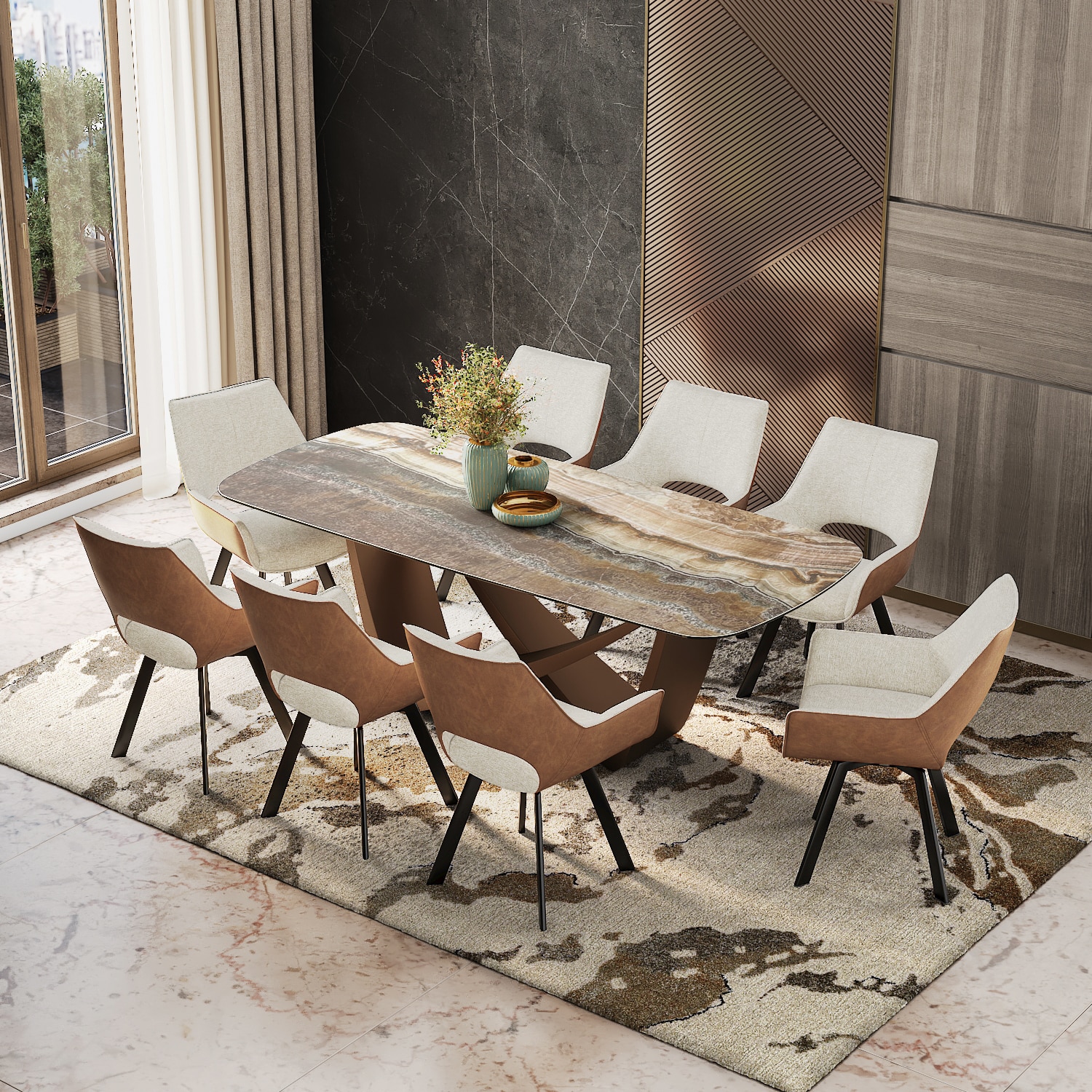 Paloma Engineered Wood 8 Seater Dining Table With Set of 4 Casey Dining Chairs in Beige and Tan Colour