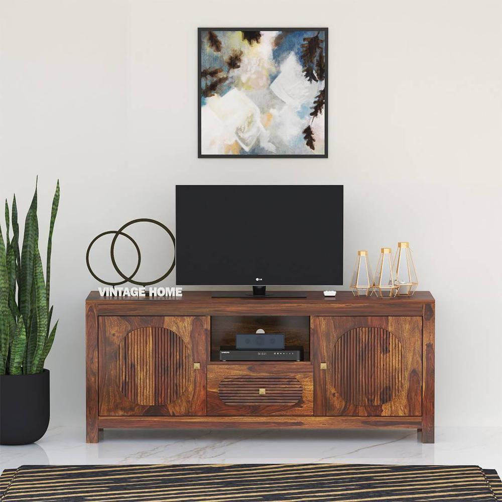 Woodwhiz Solid Wood Free Standing TV Unit in Teak Finish