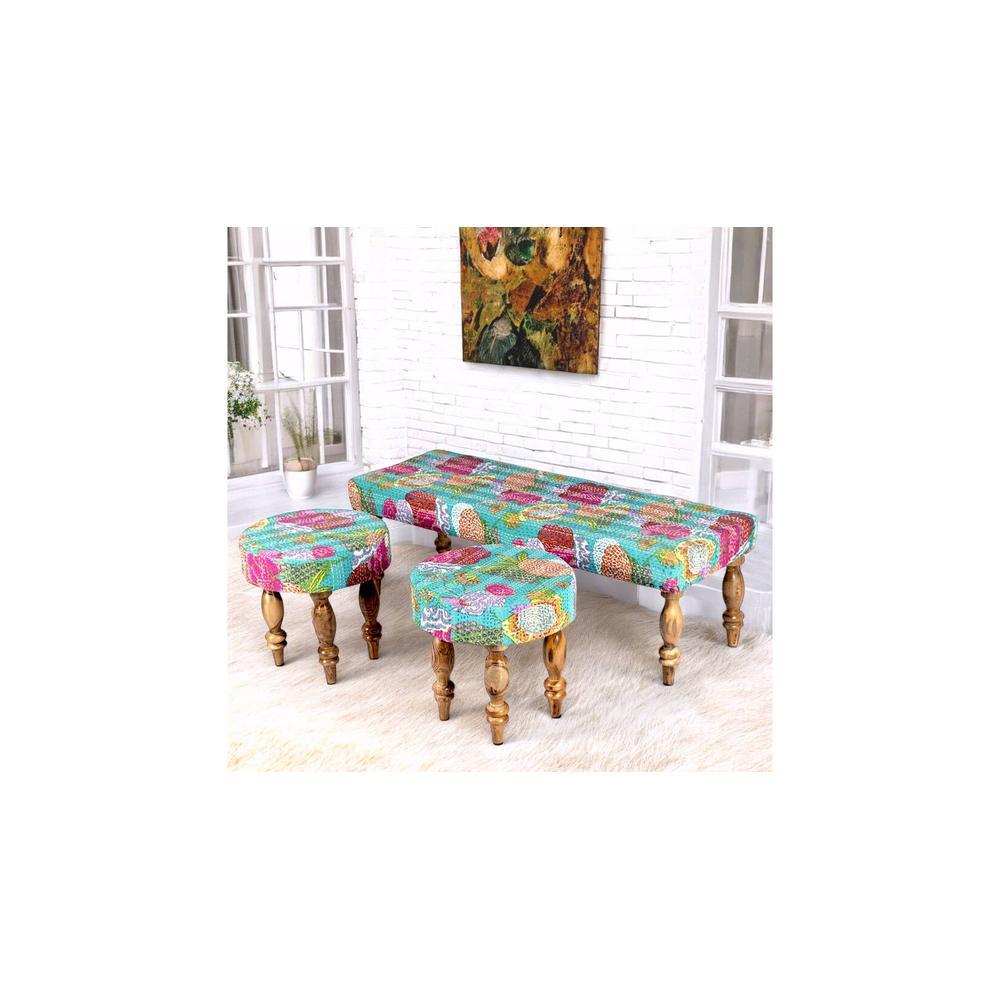 Cairo Sheesham Wood Mid Century Seater Bench Set With 2 Stools In Sea Green Fruit