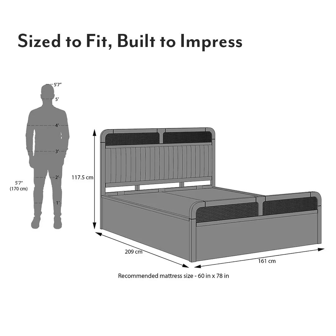 Hanoi Solid Wood Cane Queen Size Hydraulic Storage Bed In Amber Walnut Finish with Shitake Beige Colour